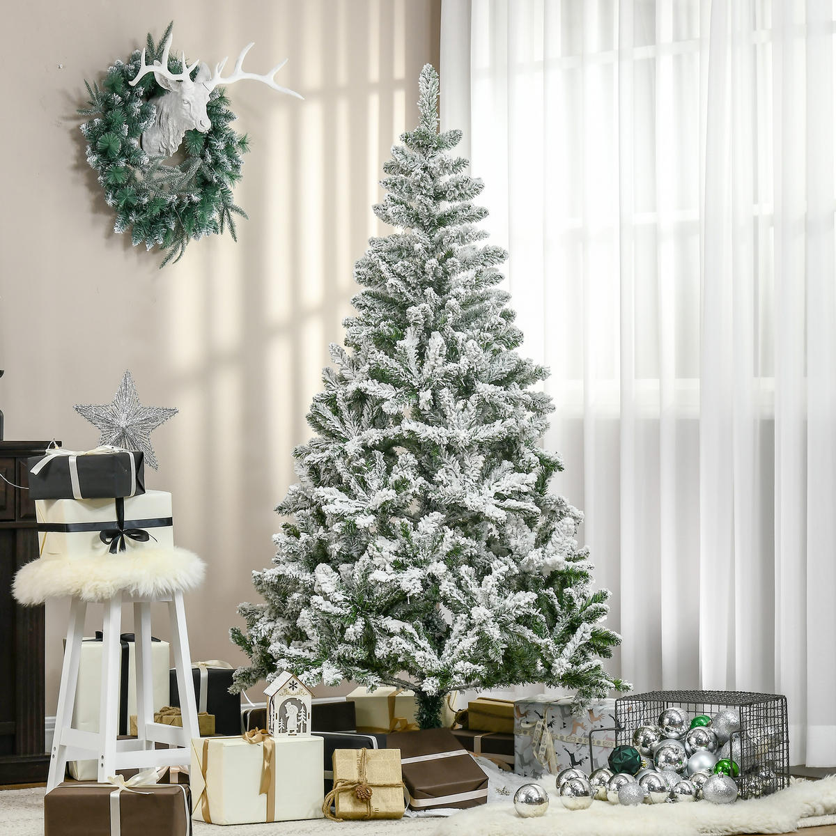 HOMCOM Künstlicher Weihnachtsbaum, 180 cm Christbaum mit Kunstschnee, Indoor - Grün, Holzwerkstoff/Metall (180cm) - HOMCOM