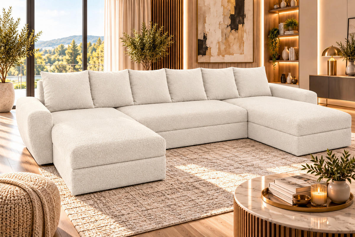 WOHNLANDSCHAFT PUMA U-Form 308 cm mit Schlaffunktion, Bettkasten, Kunstleder-Stoff oder Samt, verschiedene Farben - Creme/Schwarz, Kunststoff (308/85/140cm) - Wohnideebilder