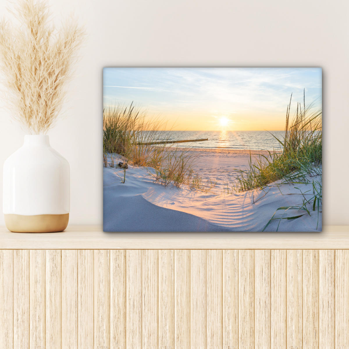 LEINWANDBILD Strand - Sonne - Düne - Gras - Sand - Horizont 40x30 cm - Hellblau, Textil (40/30cm) - MuchoWow