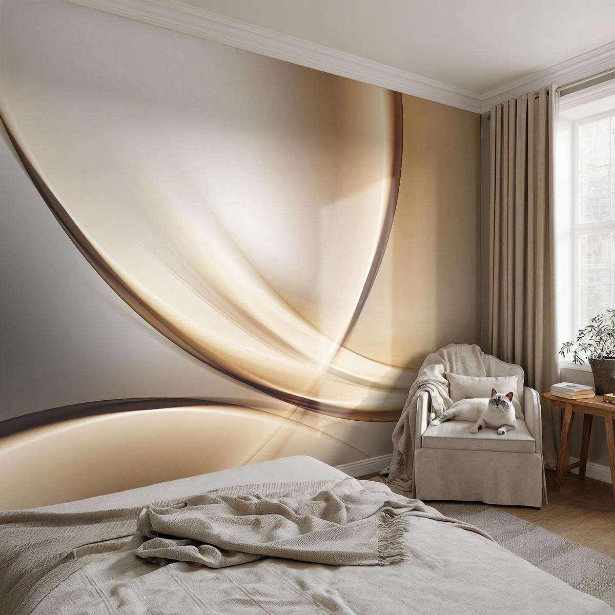 FOTOTAPETE 104x70 cm - Abgerundete Linien - Beige, Textil (104/70cm) - Wallfluent
