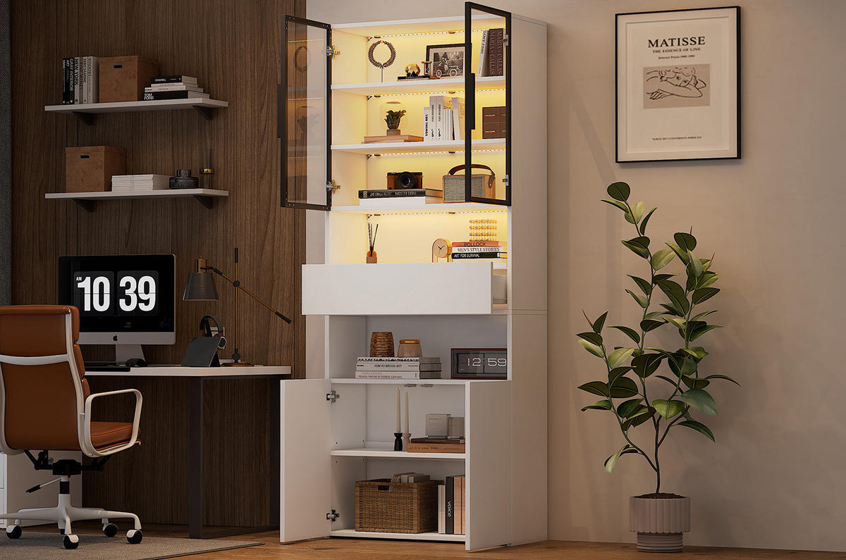 VITRINE 70/30/200 cm in Weiß mit LED-Beleuchtung, Glastüren und Schublade - Weiß, Holzwerkstoff (70/200/30cm) - Flora Grace