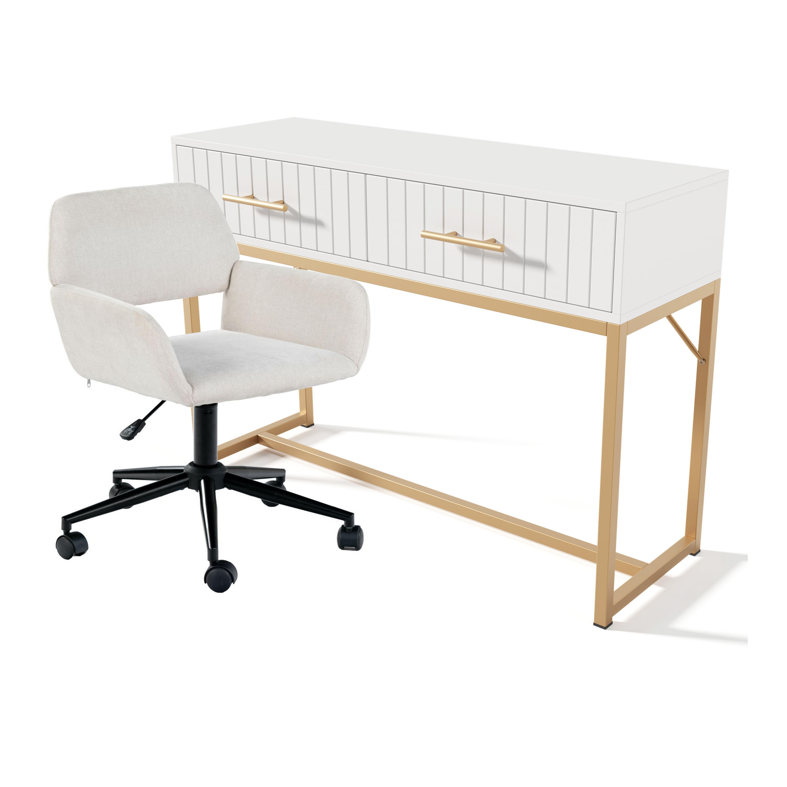 SCHREIBTISCH SET Schreibtisch mit 2 Schubladen Weiß & Gold - Weiß, Holzwerkstoff (45/100/75cm) - Urban Meuble