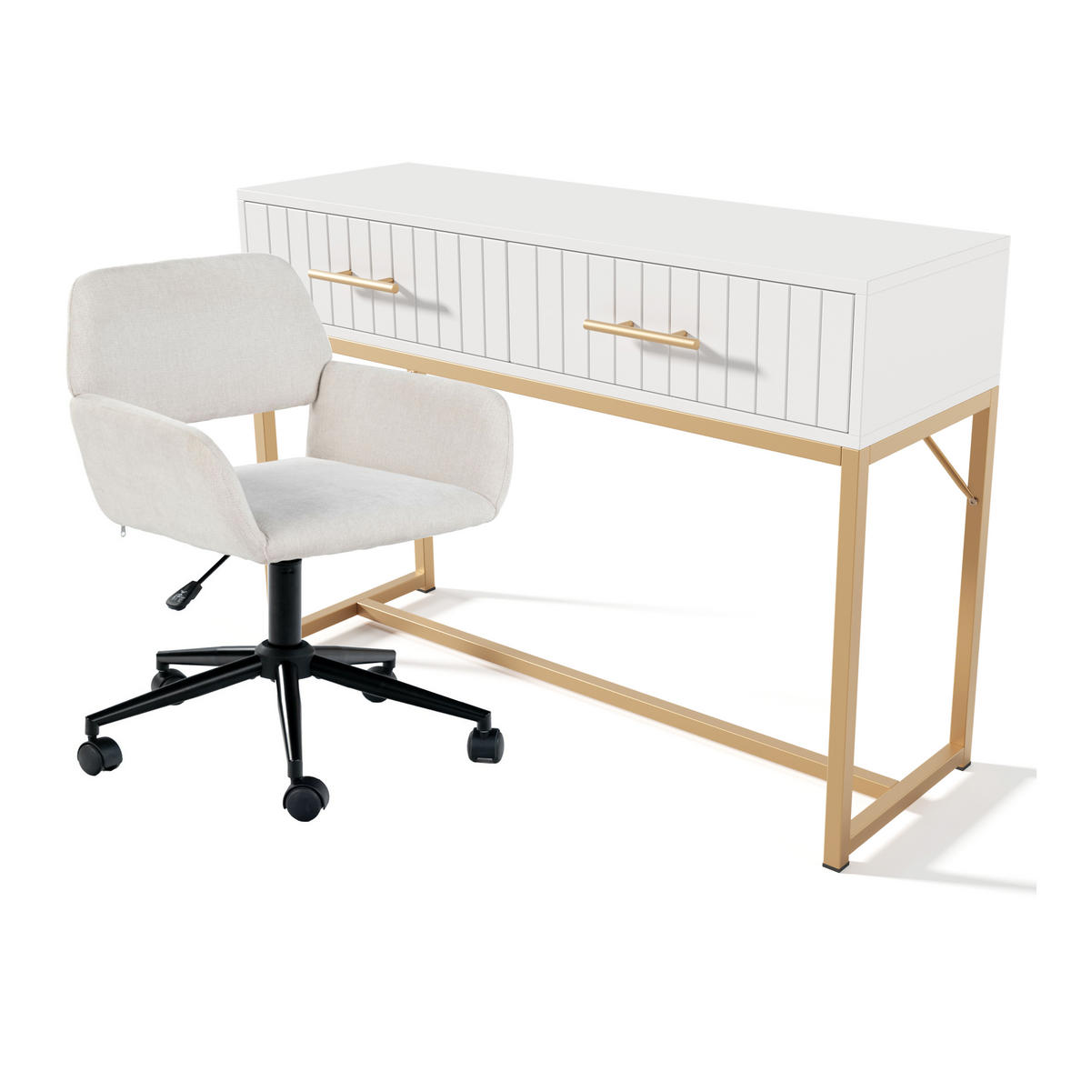 SCHREIBTISCH SET Schreibtisch mit 2 Schubladen Weiß & Gold - Weiß, Holzwerkstoff (45/100/75cm) - Urban Meuble