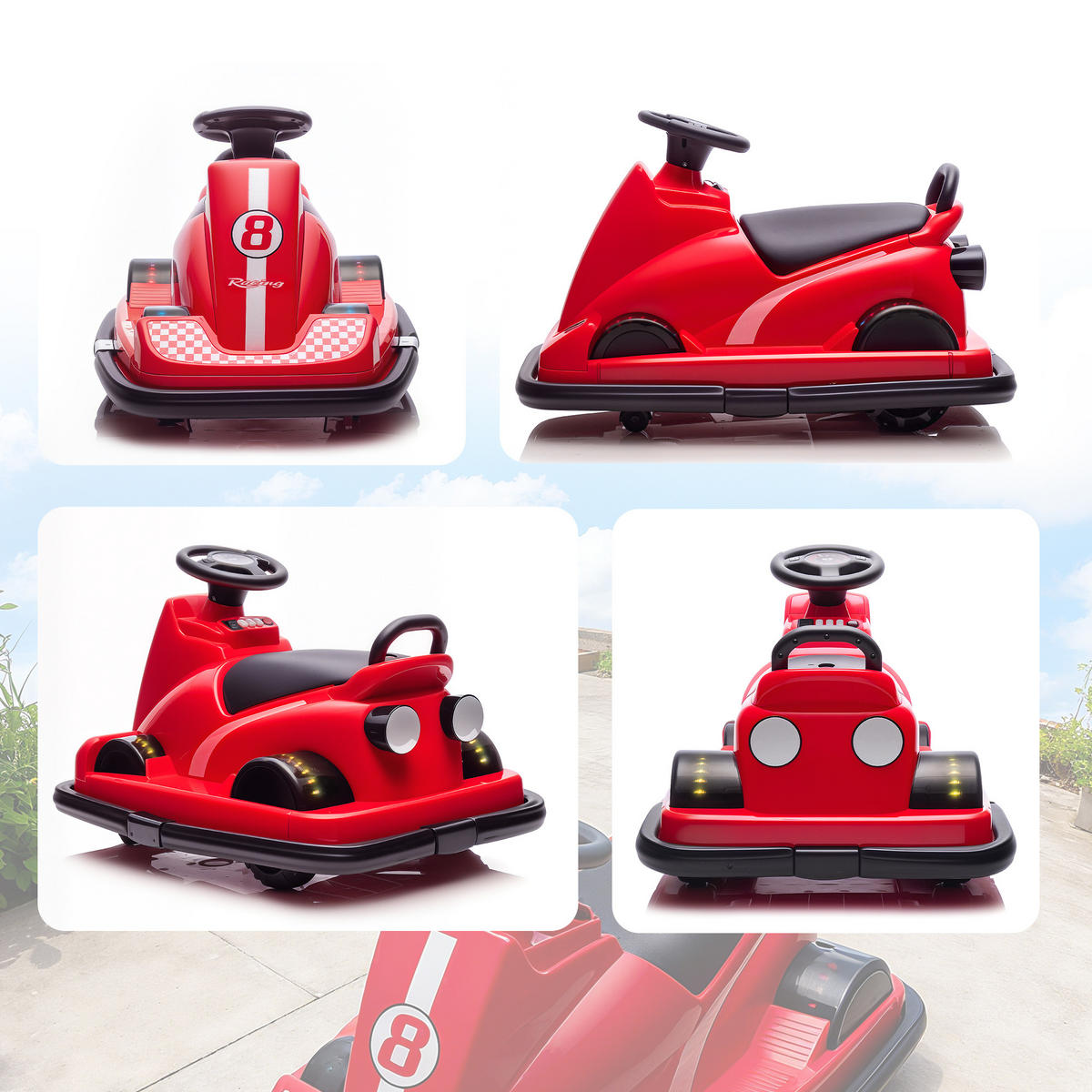AUTOSCOOTER DE-06256 360° drehbar mit Lenkrad und LED-Lichtern Rot - Rot, Kunststoff/Metall (74/53/48cm) - ComfortXL