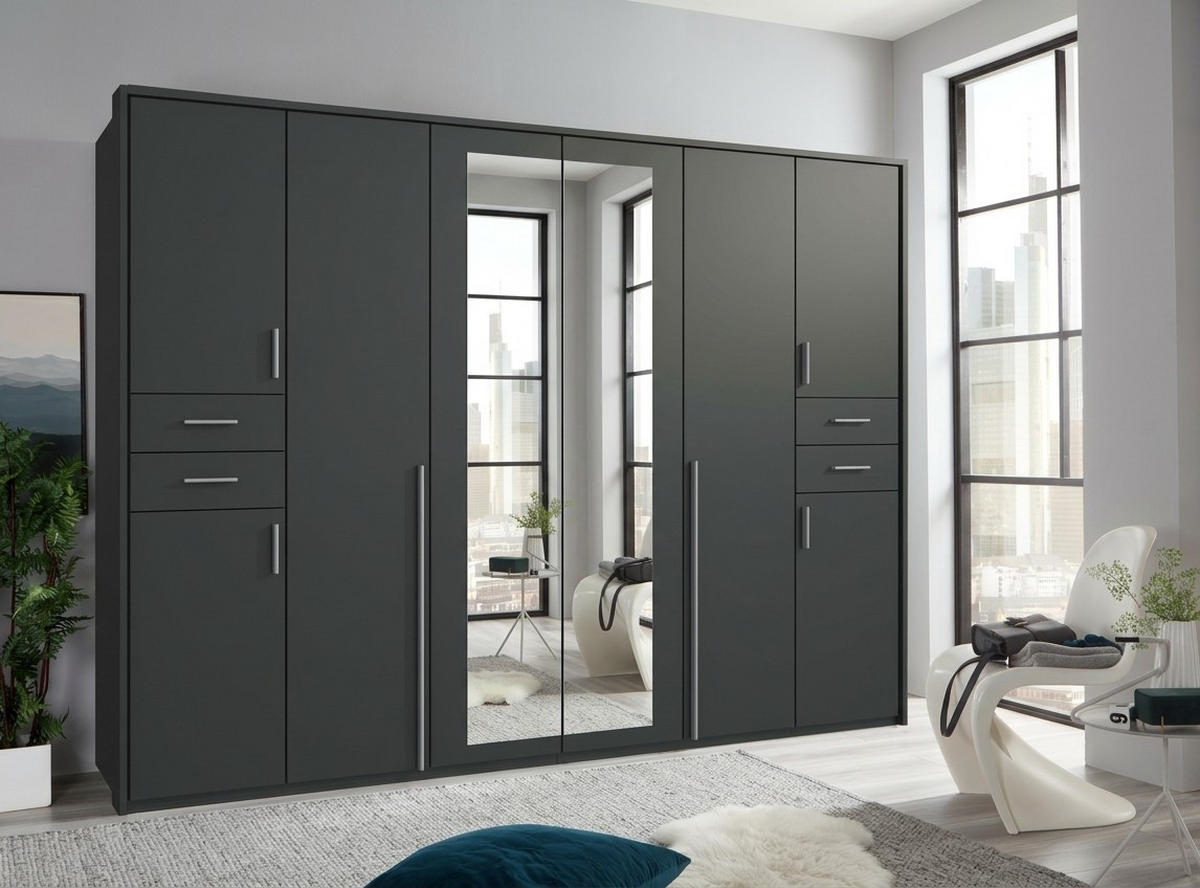 DREHTÜRENSCHRANK Kleiderschrank B273/H210/T58 cm mit Schubkästen & Passepartout & 2 Spiegeltüren, Grafit / 22577 - Silberfarben/Graphitfarben, Holzwerkstoff/Kunststoff (273/210/58cm) - luma-home
