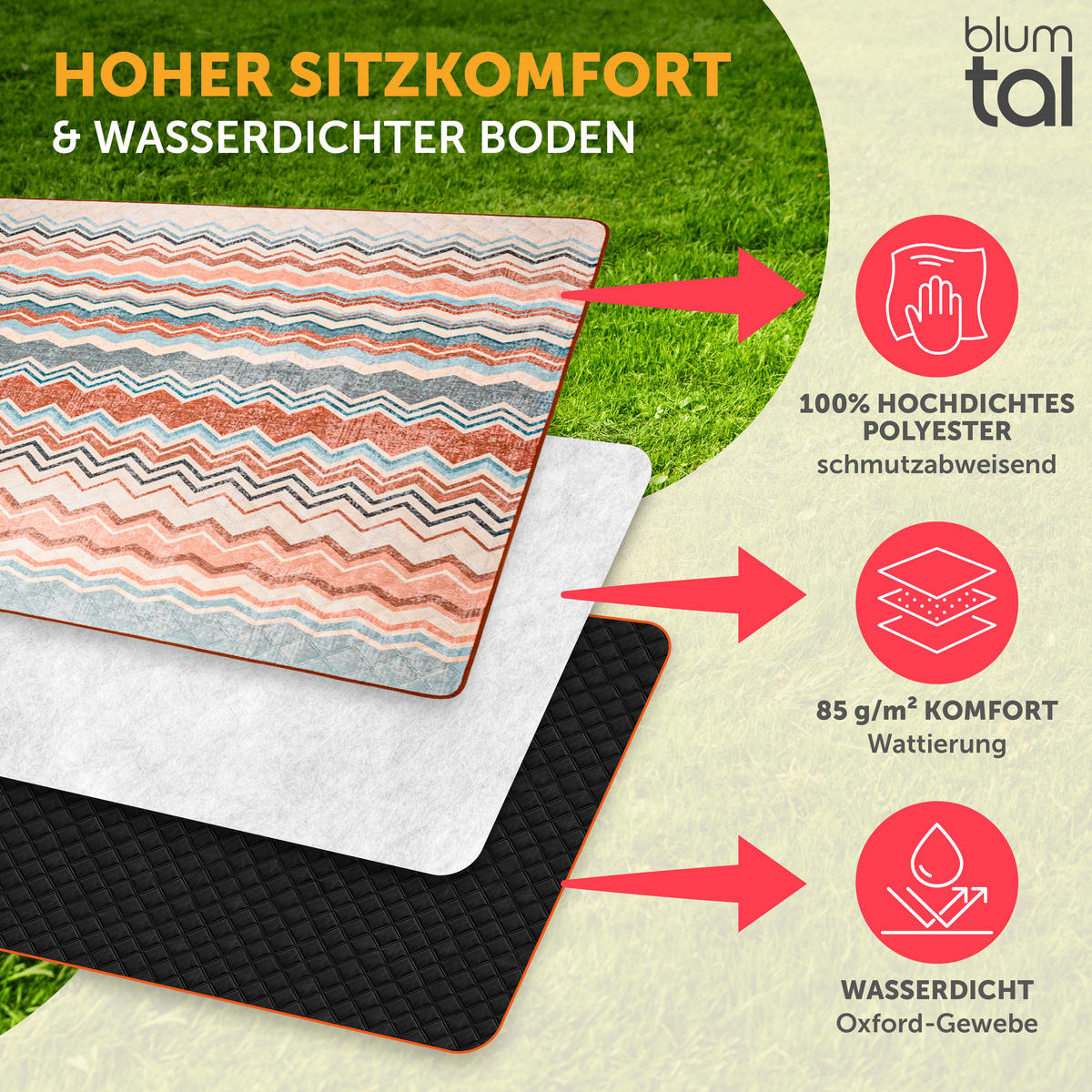 PICKNICKDECKE wasserabweisend 200x200 cm Boho & Terrazzo Design - Decke Boho Zickzack - Multicolor, Textil (200/200cm) - Blumtal