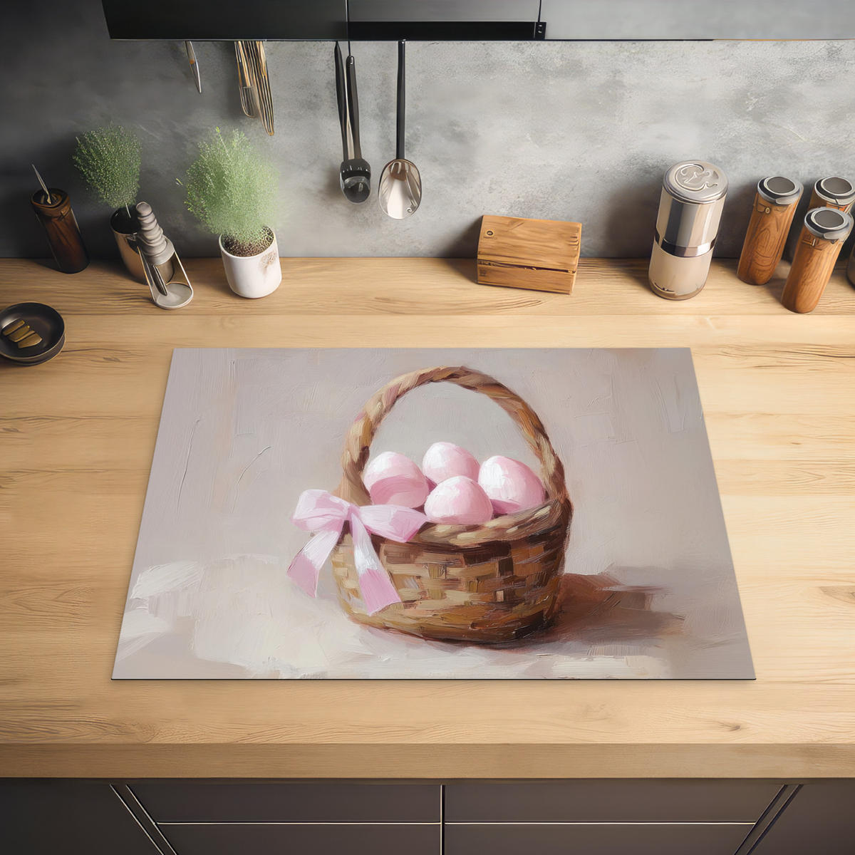 HERDABDECKPLATTE Korb - Eier - Rosa Herdabdeckung Induktionsfeld 70x52 cm - Beige, Kunststoff (70/52/0.2cm) - MuchoWow