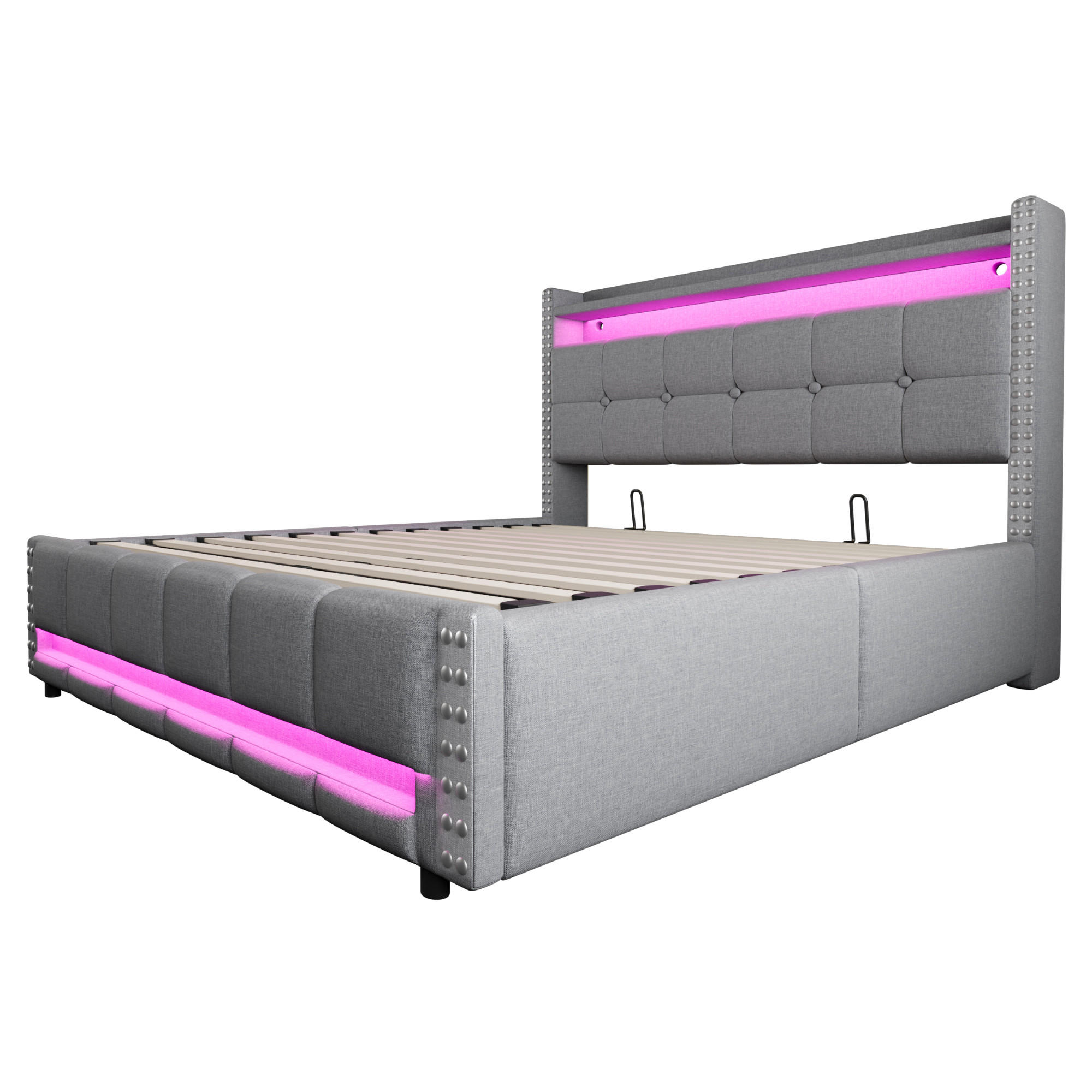 STAURAUMBETT 160/200 cm DE-01928, in Hellgrau, mit LED, USB und hydraulischem Bettkasten - Hellgrau, Metall (160/200cm) - ComfortXL