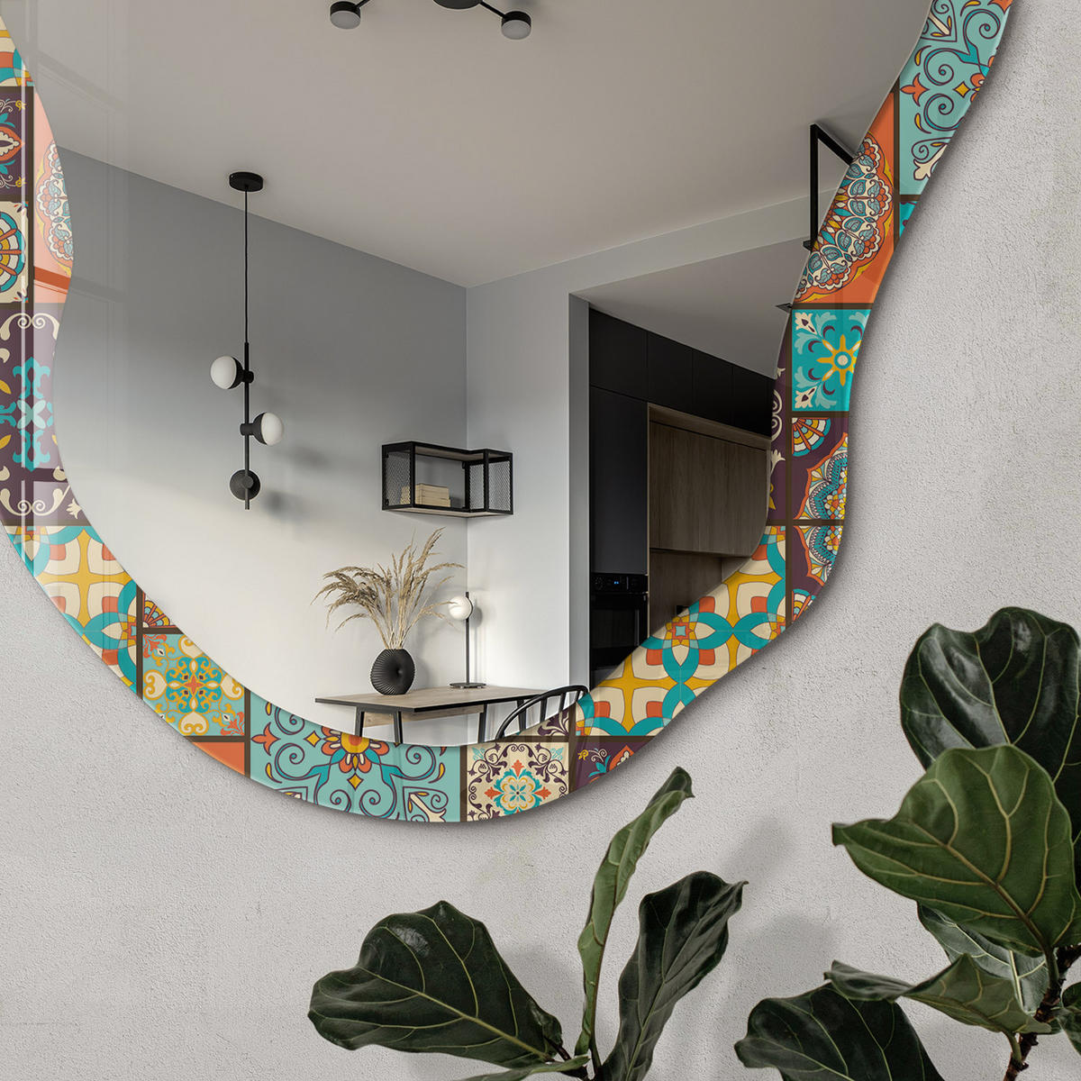 SPIEGEL 90x45 cm asymmetrisch mit Druck - Farbenfrohes Mosaik - Transparent, Glas (45/90/0.4cm) - TULUP