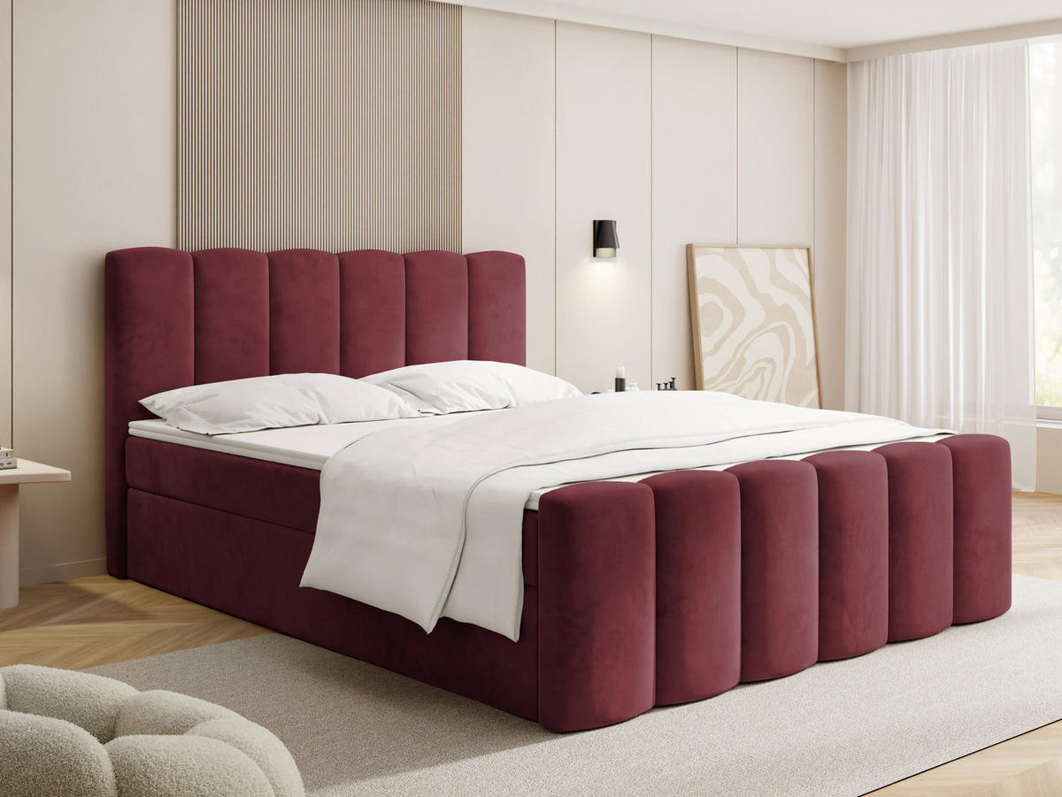 BOXBETT Serenity mit Bettkasten, Bordeaux Rot Samt 120x200 cm – inkl. H4 Taschenfederkern Matratze & Foam Topper - Bordeaux/Schwarz, Holz/Holzwerkstoff (120/200cm) - WFL GROUP