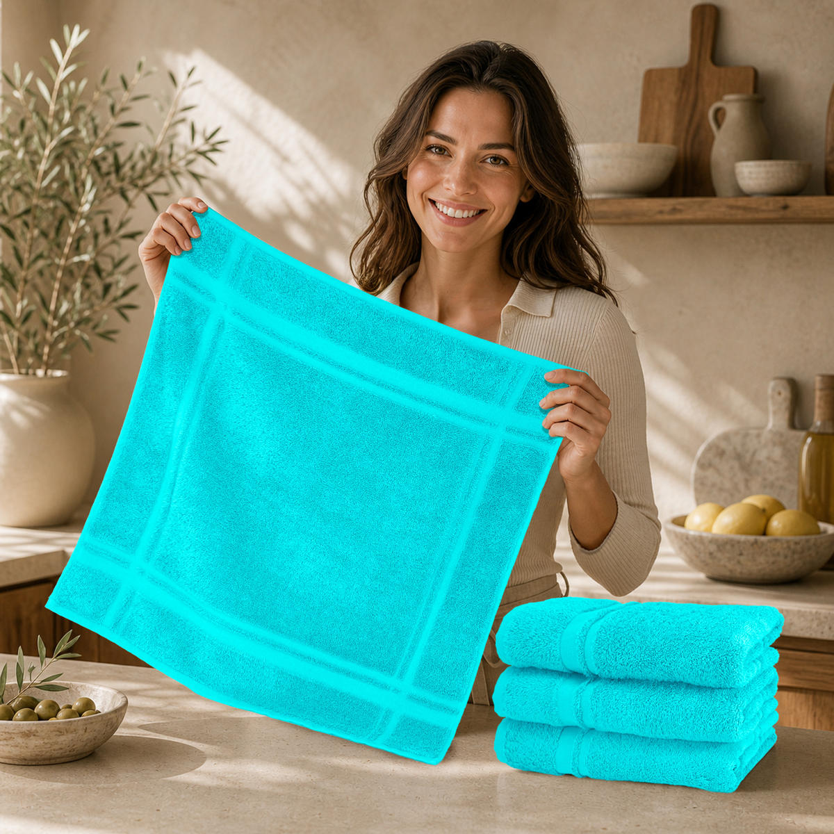 FROTTEE Küchenhandtücher 50x50 cm, 4er Set, Türkis - Türkis, Textil (50/50cm) - Lashuma