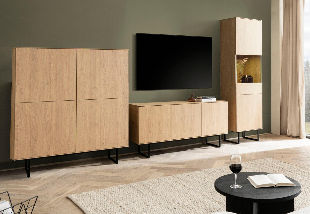 WOHNWAND Stone Eiche 3-teilig 353 cm, Wohnkombination mit Push-to-Open - Eichefarben/Schwarz, Holzwerkstoff/Metall (353/200/40cm) - Furn.Design