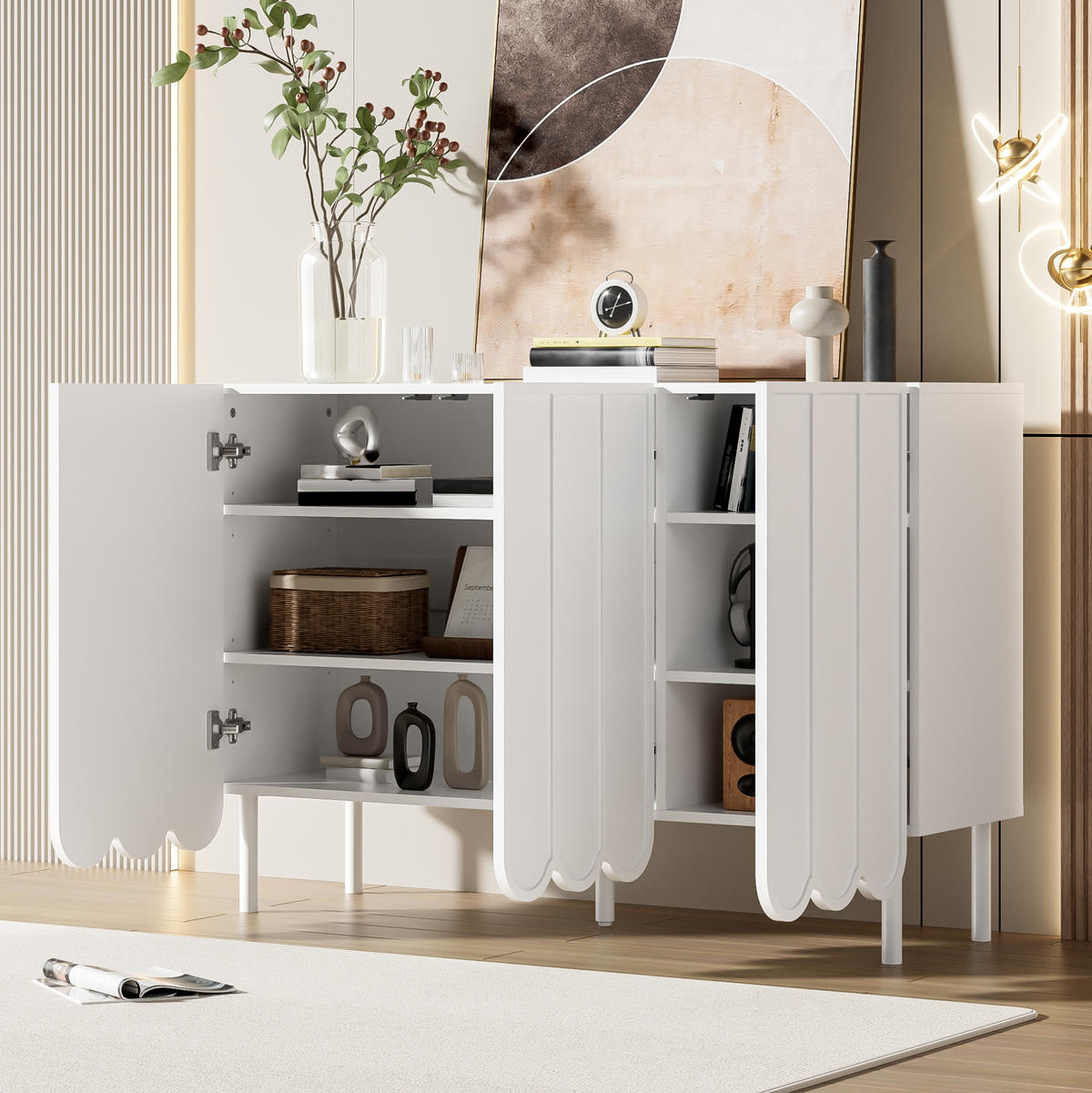 SIDEBOARD in Weiß, grifflos mit Wellentüren, MDF, verstellbare Regalböden, 120/35/80 cm, Weiß - Weiß, Holzwerkstoff (120/80/35cm) - Redom
