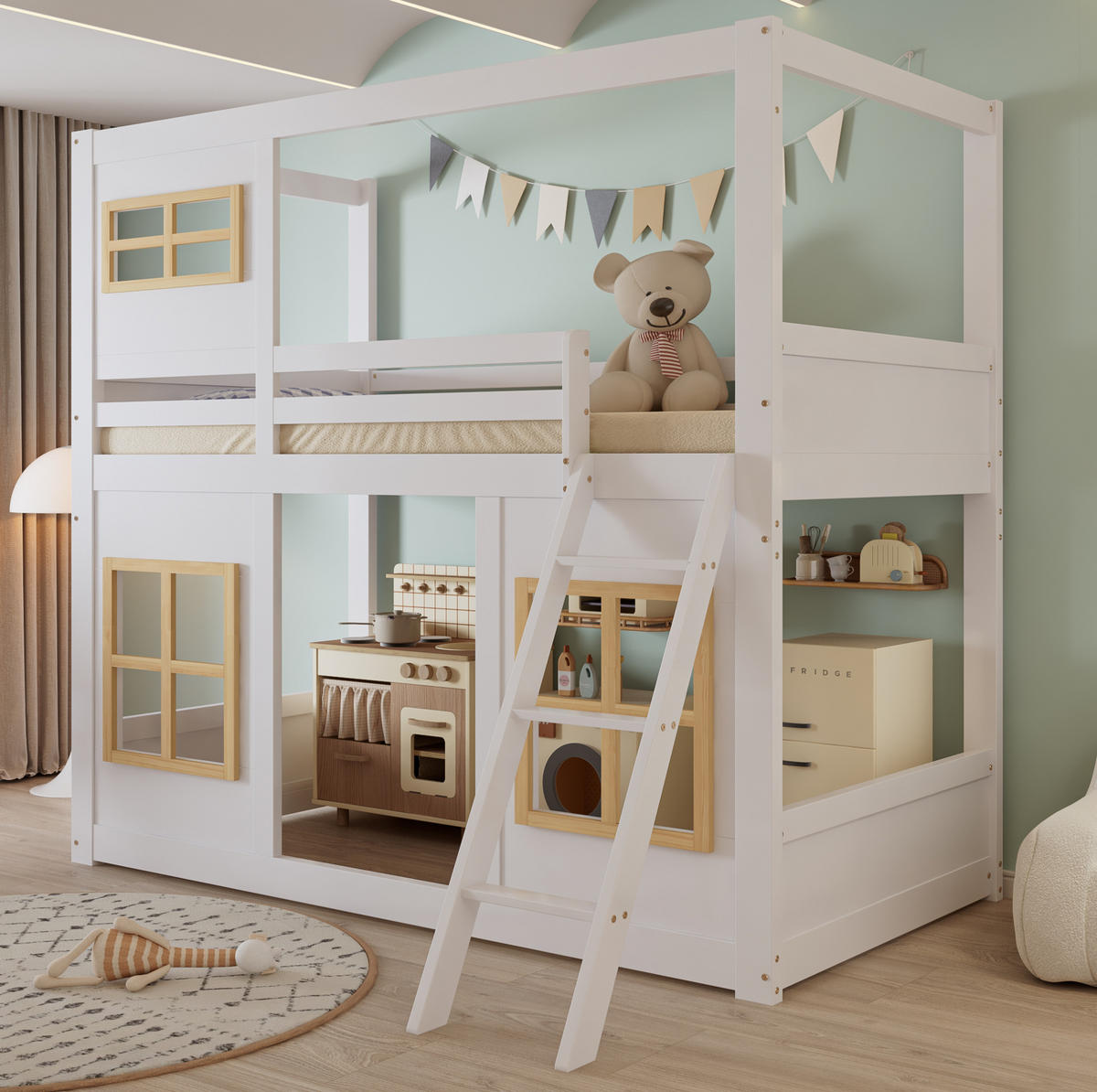 ETAGENBETT aus Kiefer und MDF 90x200 cm Weiß/Natur mit Fenstern, Trittleiter und vierseitigem Rausfallschutz - Weiß, Holzwerkstoff (90/200cm) - Modfu