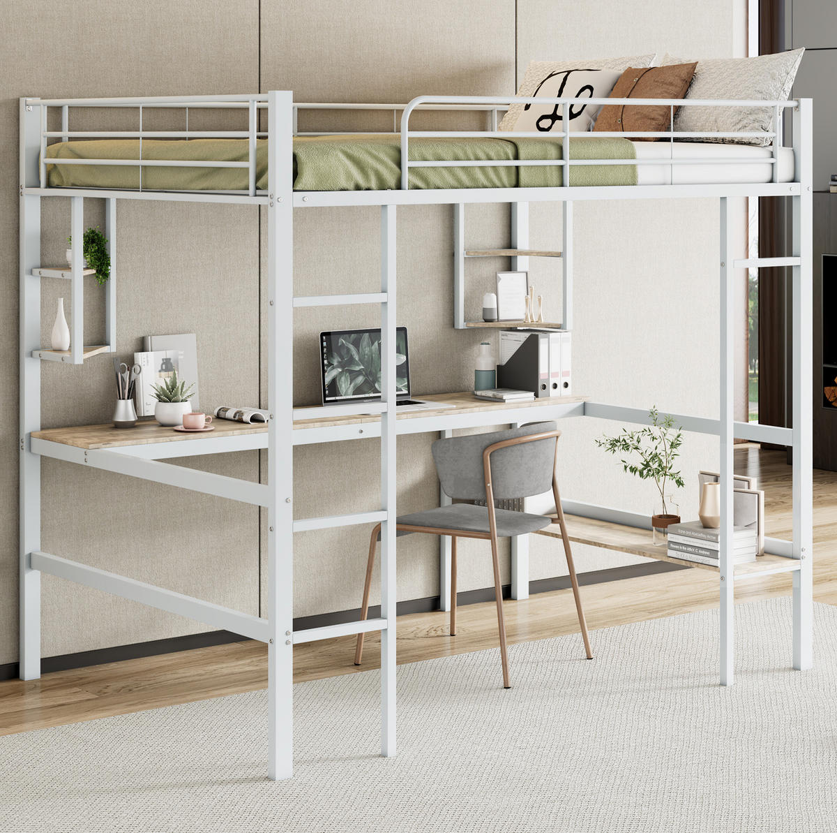 HOCHBETT 140/200 cm aus Metall mit Schreibtisch und Regalen in Weiß - Weiß, Metall (140/200cm) - Flora Grace