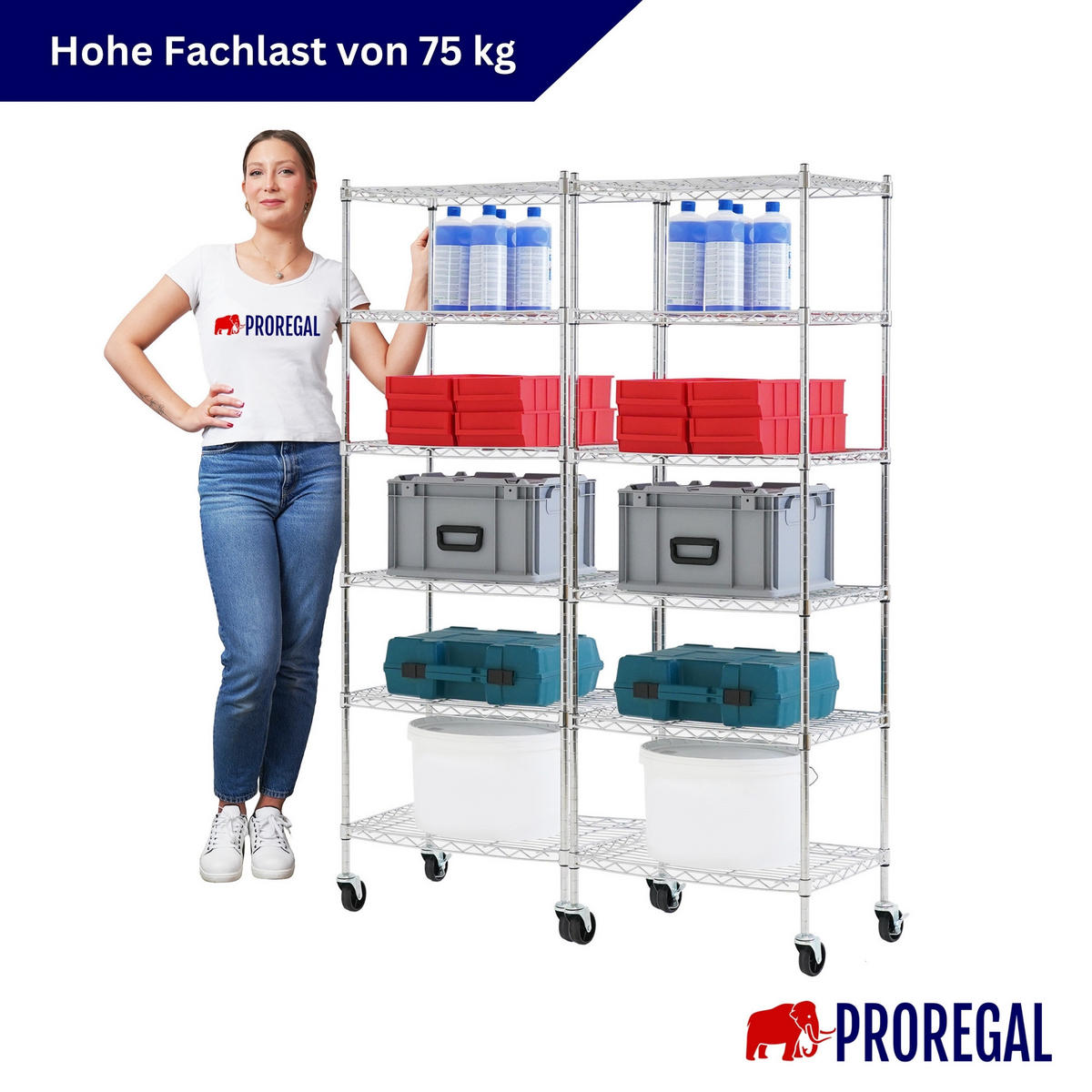 GITTERREGAL 2er - Set HADES mit Rollen & 6 Gitterböden Metall 160x60x40cm Silber - Silberfarben, Metall (60/160/40cm) - PROREGAL