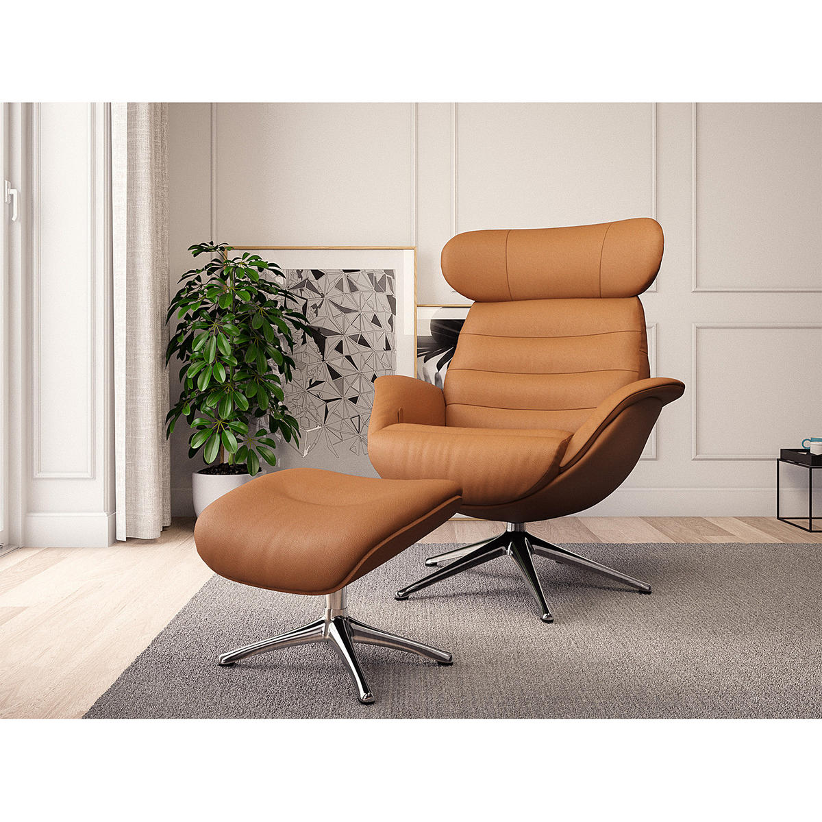 POLSTERHOCKER - Chromfarben/Cognac, Leder (44/39/49cm) - home24