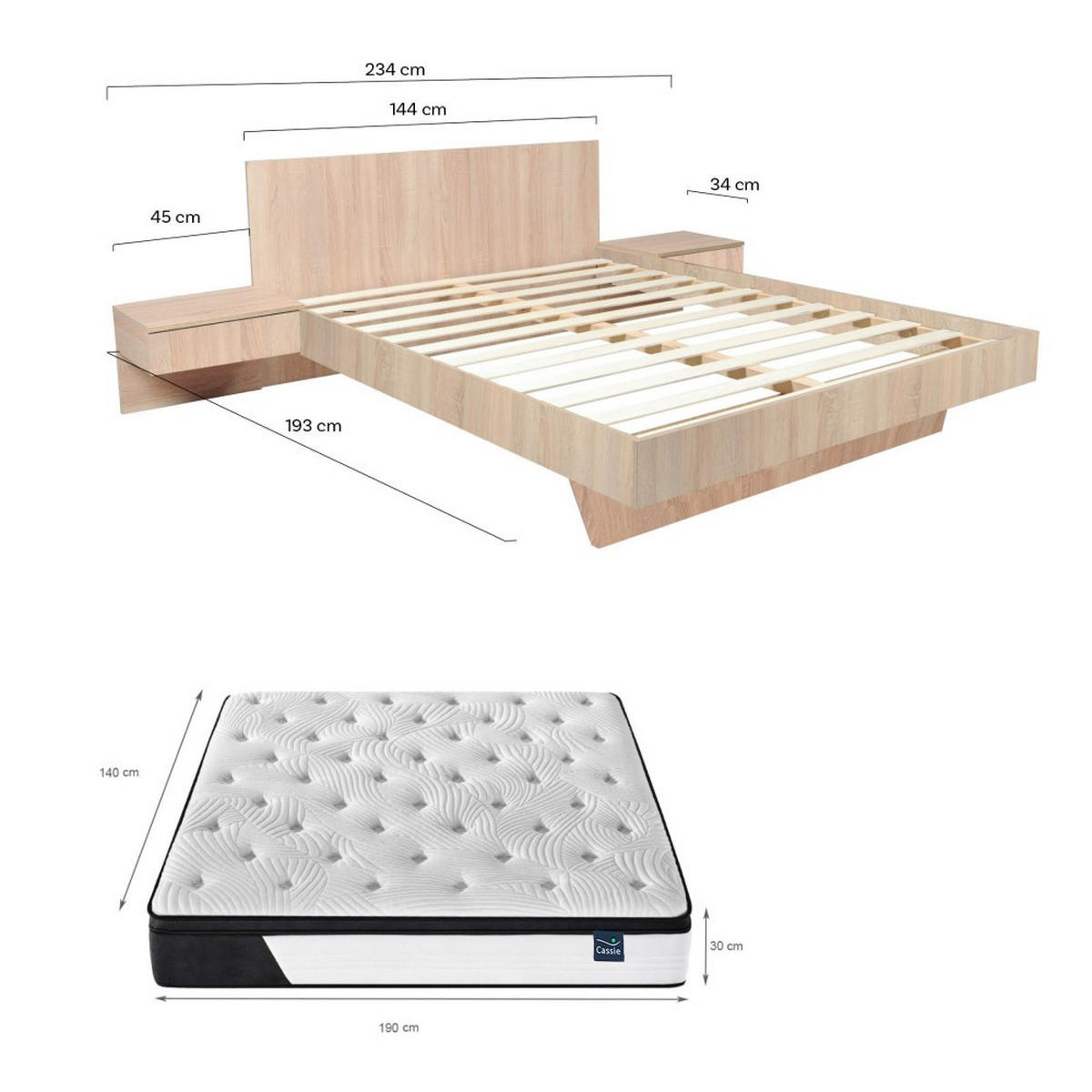 BETT COOL 140x190 cm + 2 Konsolen + Lattenrost + Matratze CASSIE / Gebleichte Eiche - Sonoma Eiche, Holzwerkstoff - Weber Industries