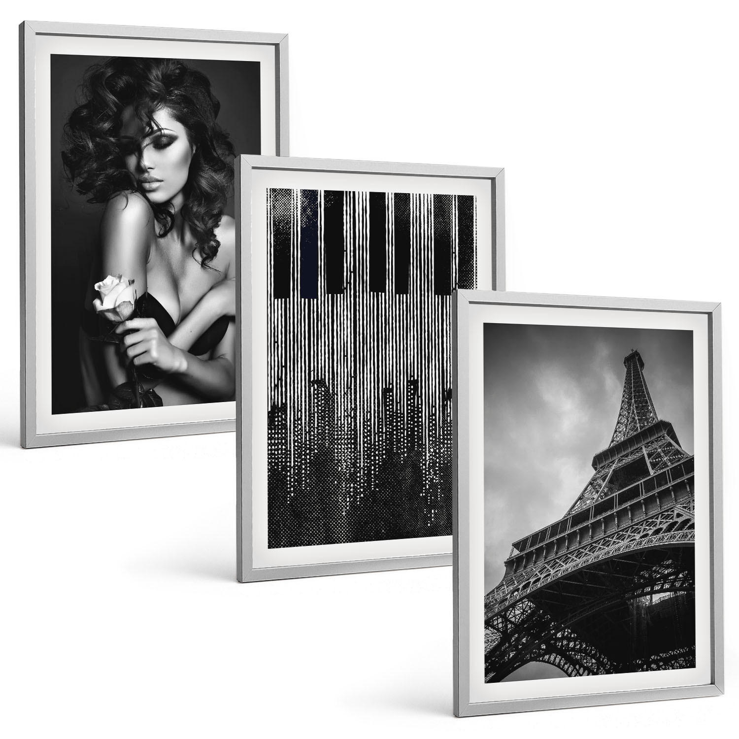 BILDER SET 3er Set - 40x60 cm Silberner Rahmen - Porträt einer Frau mit einer Eiffel-Rose - Silberfarben, Kunststoff (40/60cm) - TULUP