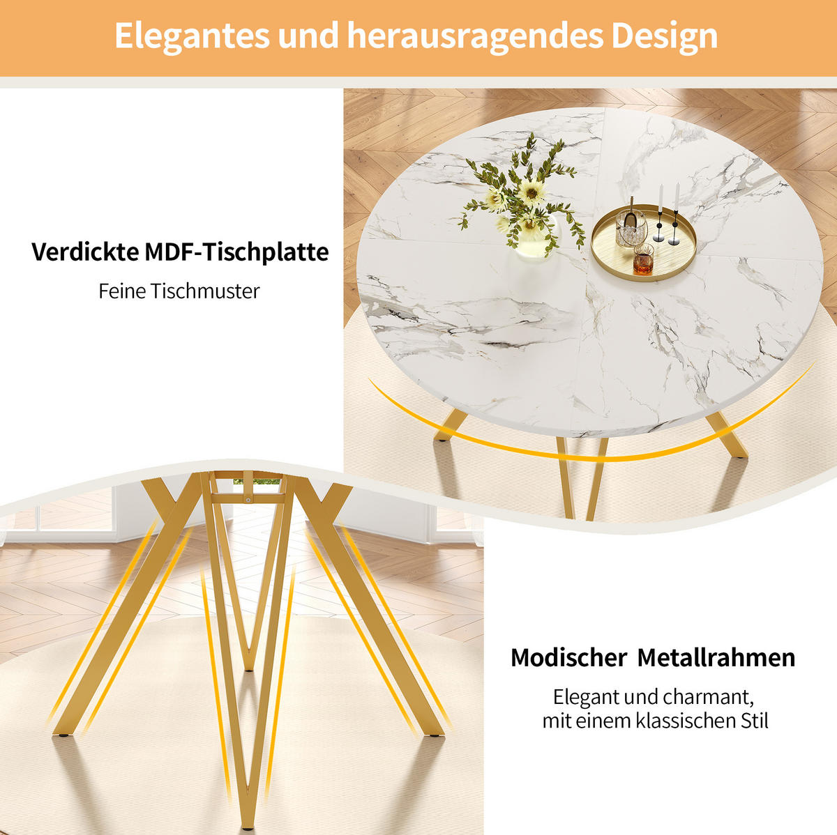 ESSTISCH rund 100/100/76 cm in Gold mit MDF-Tischplatte in Marmoroptik - Goldfarben, Holzwerkstoff (100/100/76cm) - Flora Grace