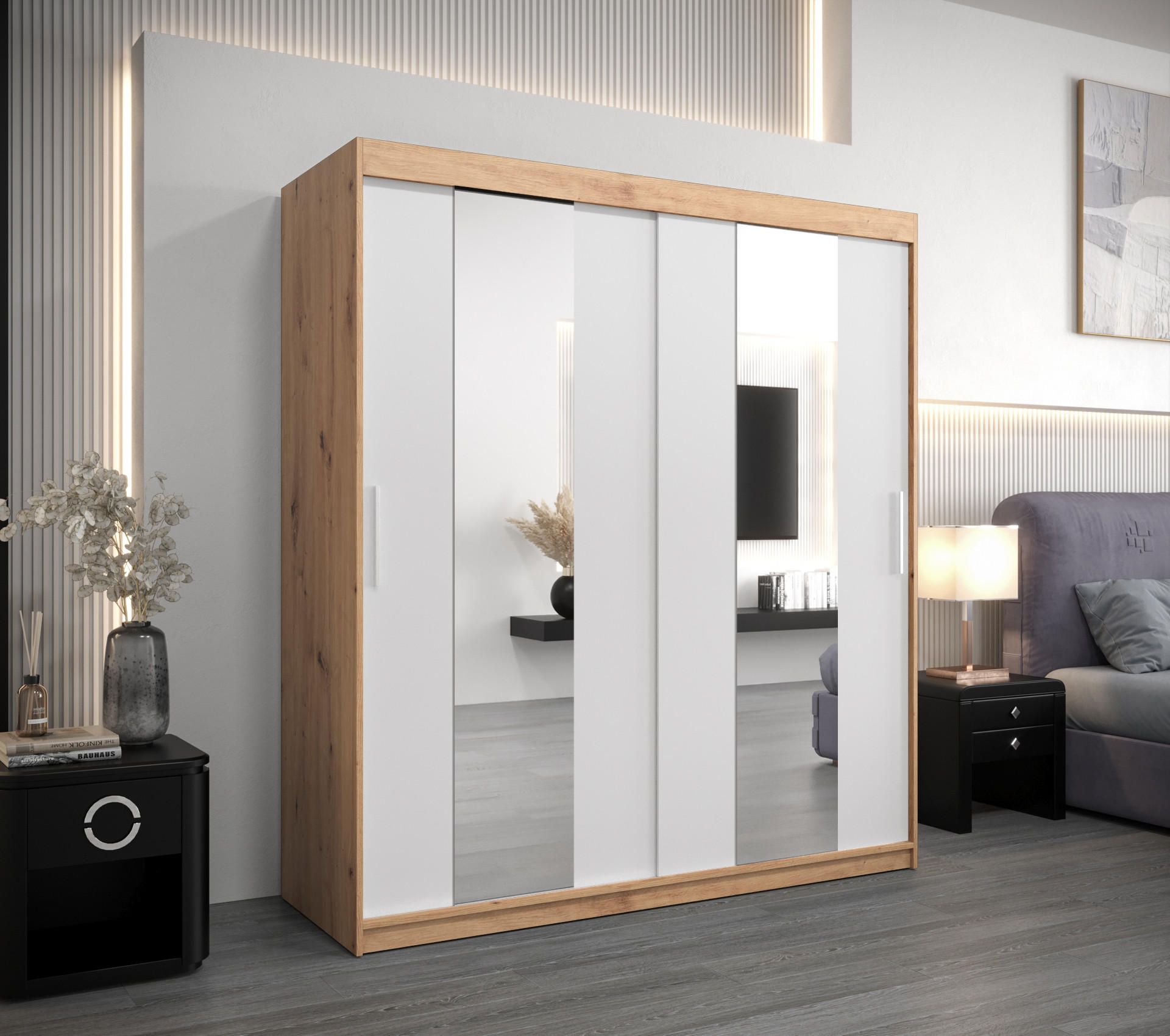 SCHWEBETÜRENSCHRANK 200/180/62 2-türig - Silberfarben/Weiß, Holz/Kunststoff (180/200/62cm) - Abiks Möbel