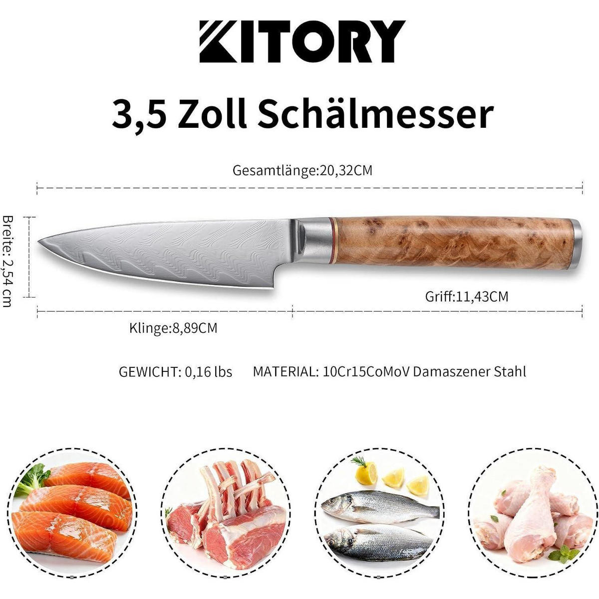 SCHÄLMESSER Damaststahl 73 Lagen 9 cm Klinge Weißes Schatten Holzgriff - Silberfarben, Metall (20.3cm)