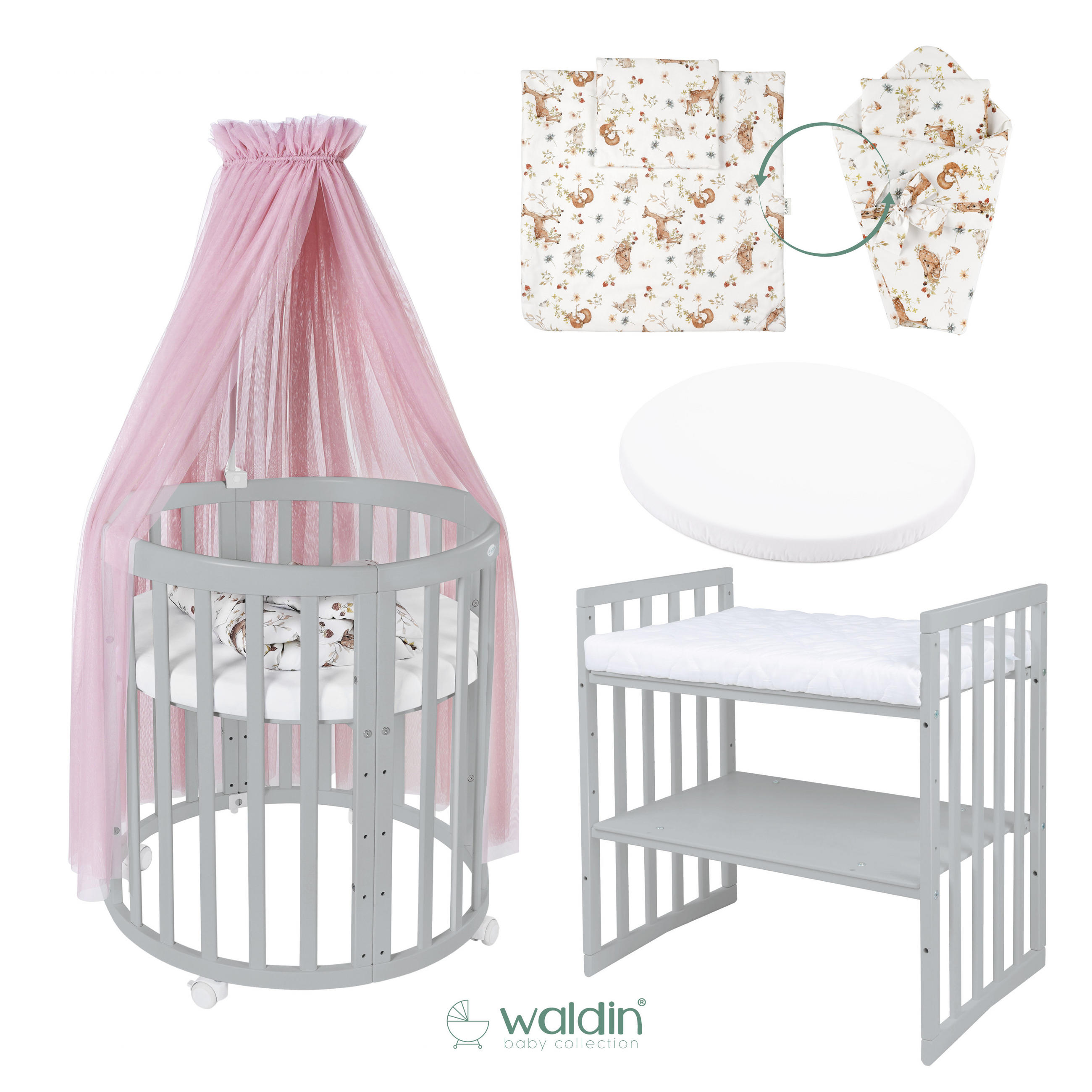 BABYBETT GREY OVAL 7in1 mit Matratze und Himmelset - Rosa/Grau, Holz/Textil