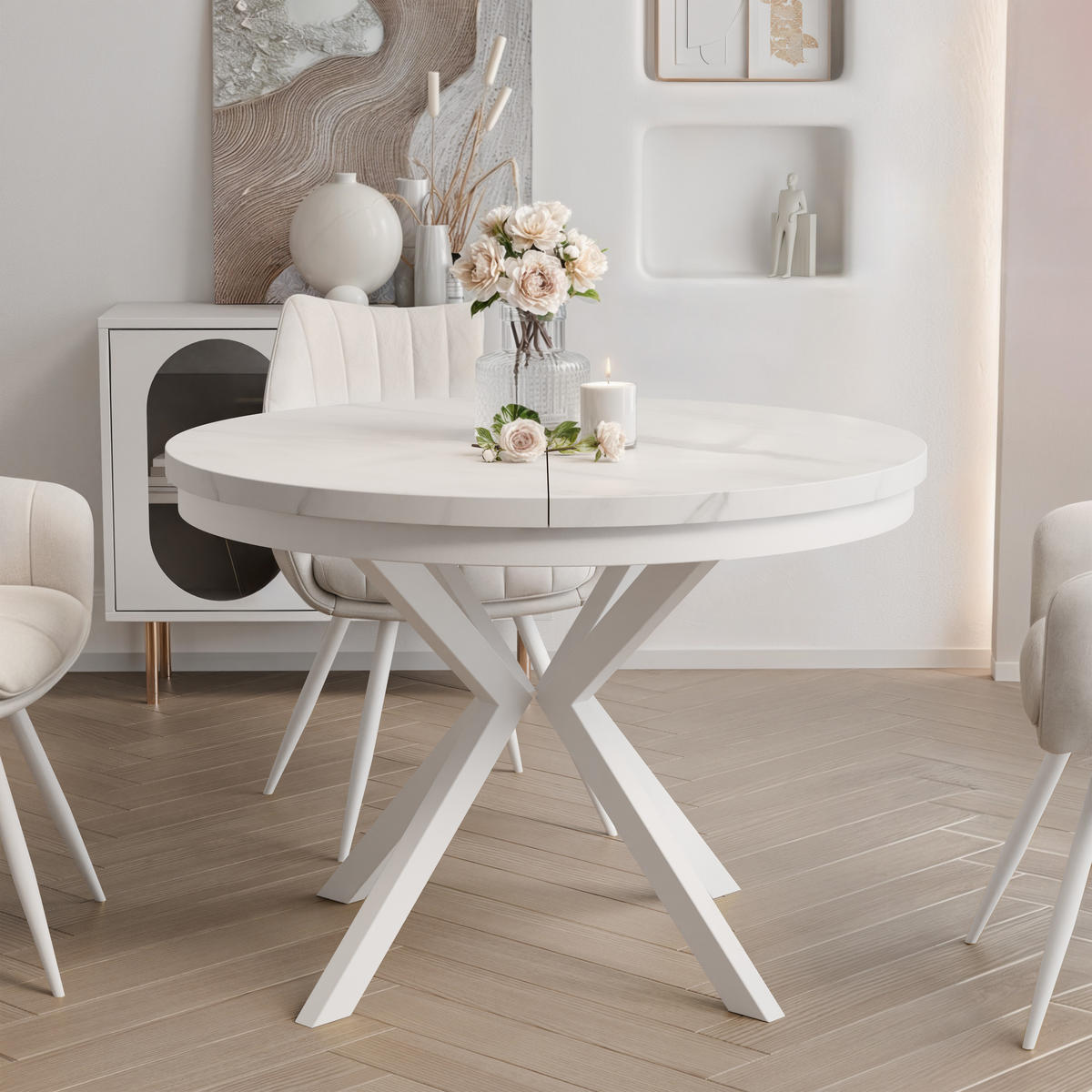 AUSZIEHTISCH MILTON 120-196/76 cm mit Metallgestell und Zarge, Weiß / Bianco Marmor - Perlmutt/Weiß, Holzwerkstoff/Metall (120/120/76cm) - Idohome