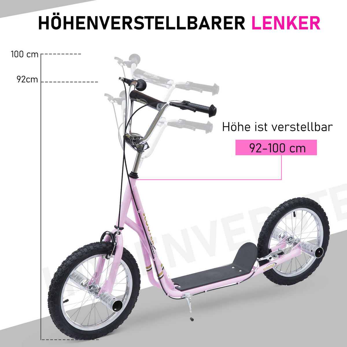 KINDERROLLER mit Luftreifen Scooter Roller Kinder Roller Kickboard 16 Zoll Rosa - Rosa, Metall (143/58/100cm) - HOMCOM