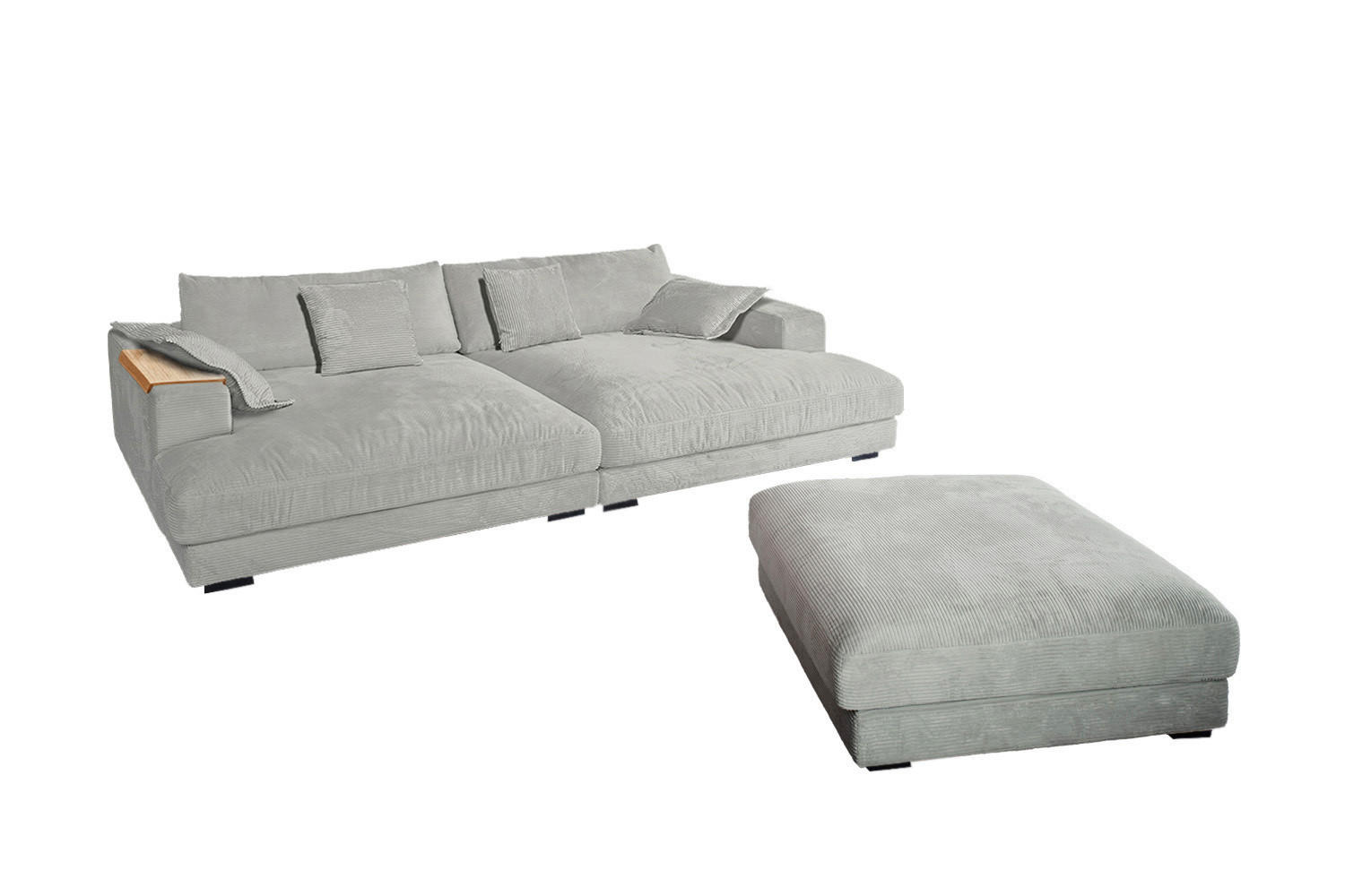 BIG SOFA-SET MIT TABLETT NATUR MADELINE Hellgrau Cord - Hellgrau/Schwarz, Kunststoff/Textil (290/85/170cm) - KAWOLA