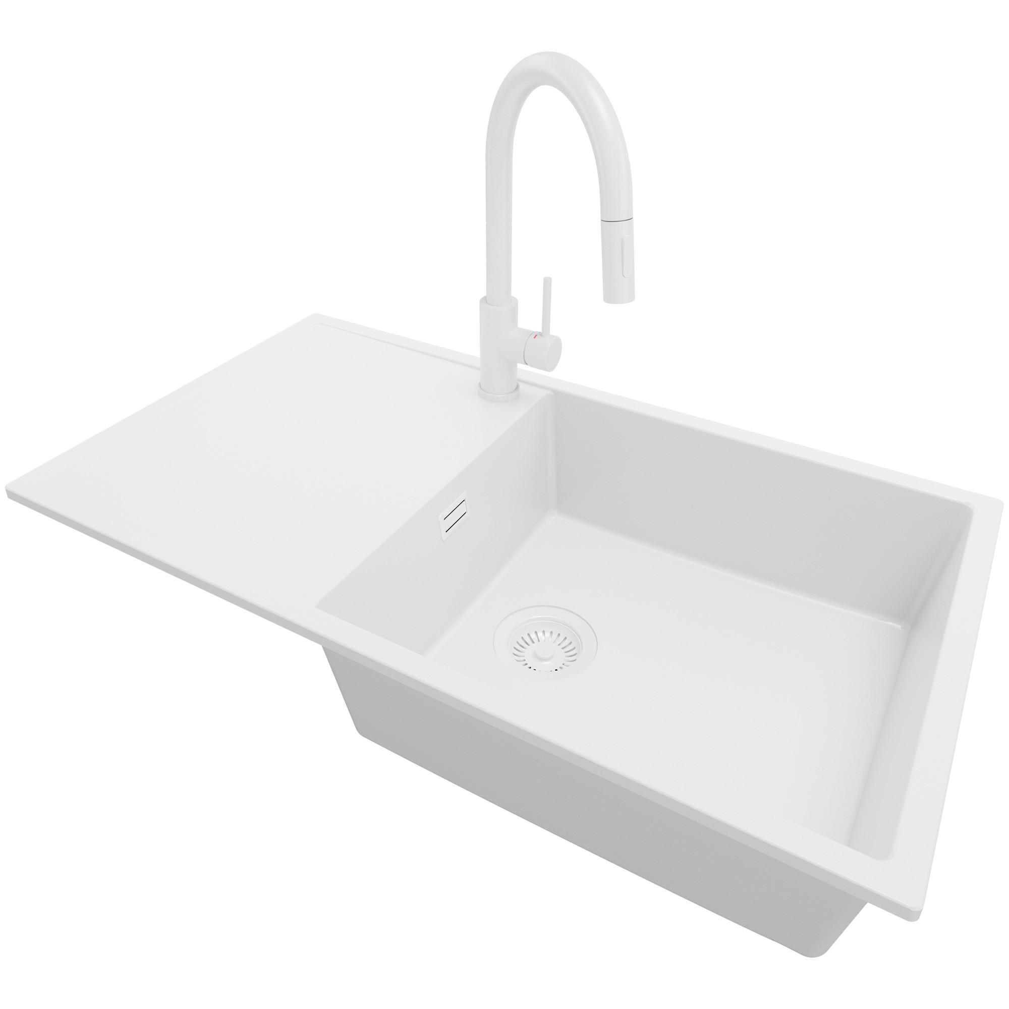 GRANITSPÜLE Ibiza, 2-er set Alles Weiß 90/50 cm 1 Becken + Küchenarmatur 40/20 cm + Ablauf-Set ab 60er Unterschrank - Weiß, Kunststoff (90/19/50cm) - Primagran