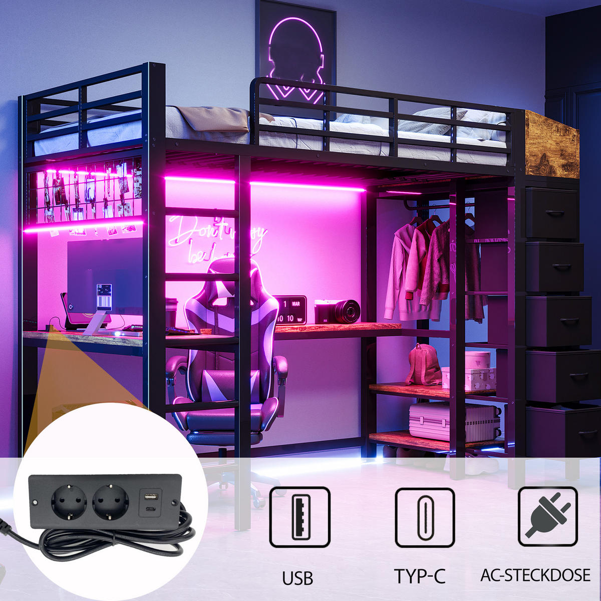 HOCHBETT 90x200cm Metall Gaming Schreibtisch LED USB Schwarz - Schwarz, Metall (90/200cm) - FLIEKS