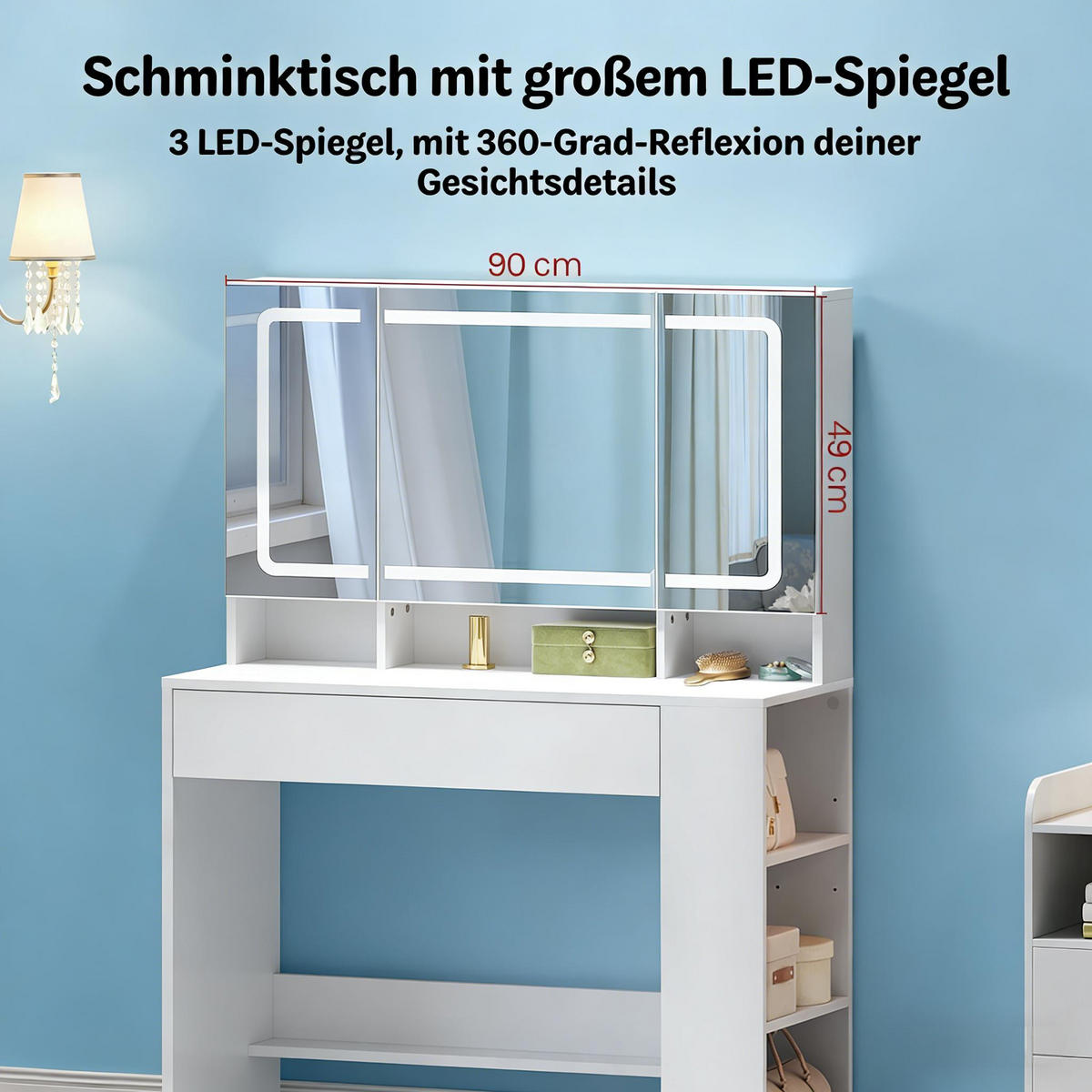 SCHMINKTISCH mit verstellbarem LED-Spiegel und viel Stauraum - Weiß, Glas (90/135/40cm) - Vallsero