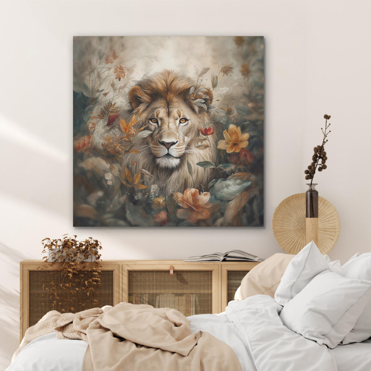 AKUSTIKPANEEL Löwe - Wildtiere - Pflanzen - Natur - Blumen 90x90 cm - Beige, Textil (90/0.9/90cm) - MuchoWow