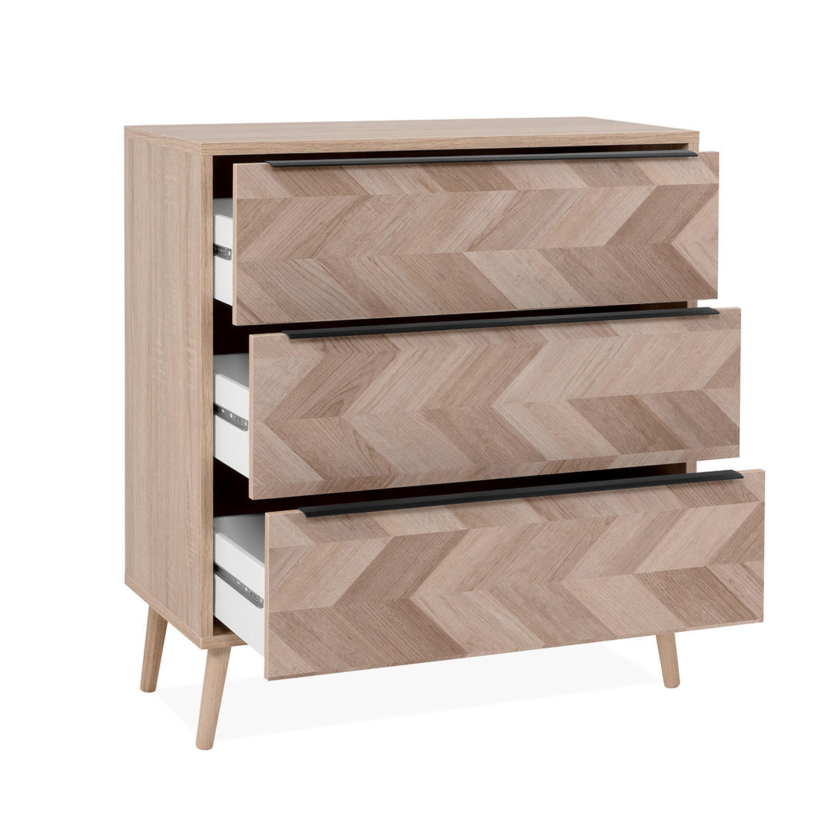 KOMMODE mit 3 Schubladen in Sonoma Eiche und Fischgrätmuster L80 cm - Torun - Eschefarben, Holzwerkstoff (38.5/87/80cm) - Calicosy