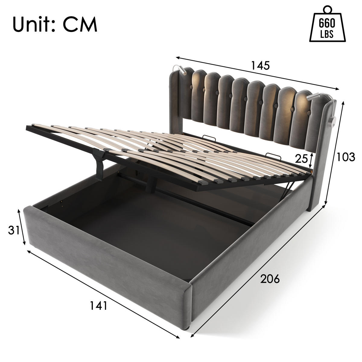 POLSTERBETT aus Samt 140x200 cm in Grau mit USB, Leselicht & Matratze - Grau, Textil (140/200cm) - Modfu