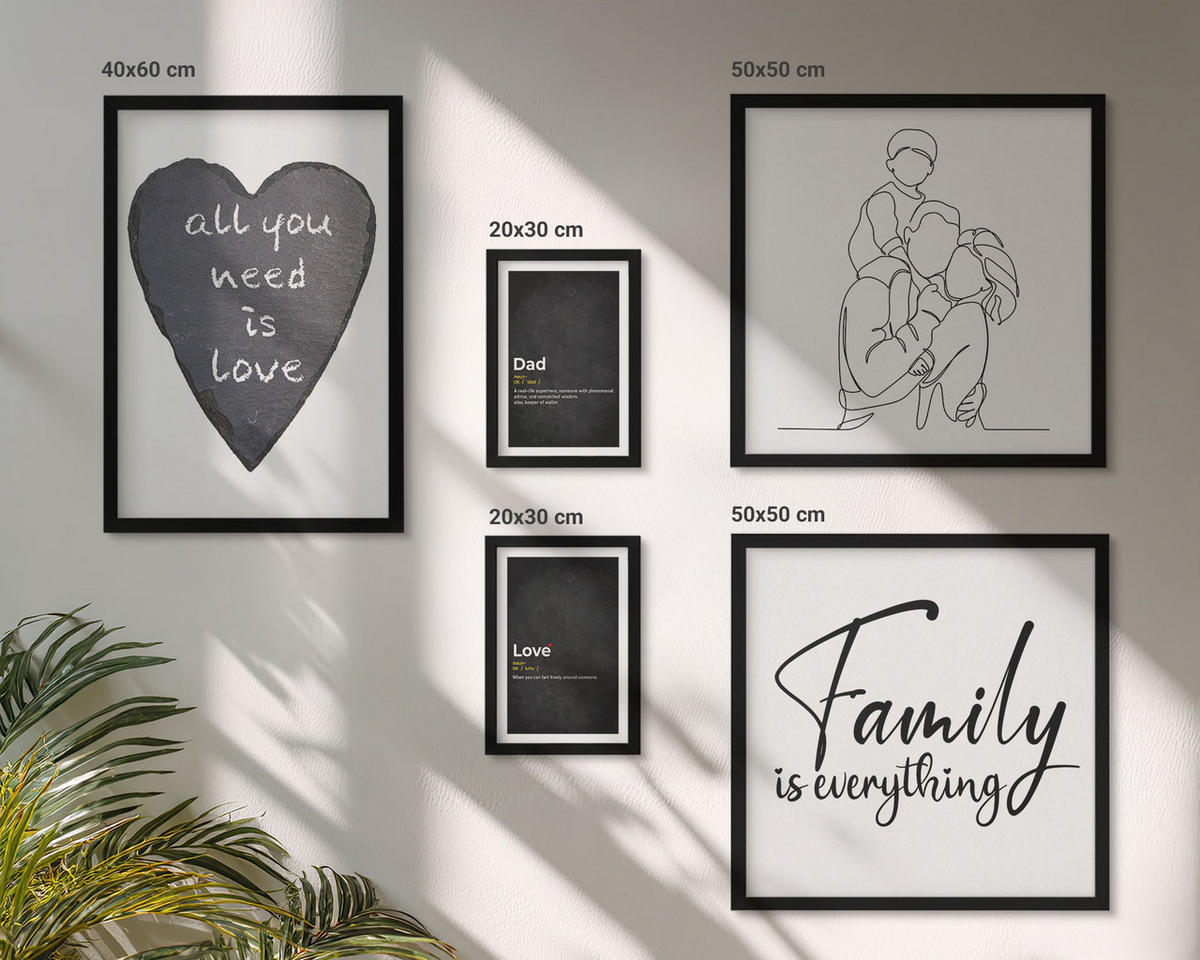 BILDER SET 5er Set - 50x50 cm & 20x30 cm & 40x60 cm Schwarzer Rahmen - Definitionen der Liebe in Familienzeichnungen - Schwarz, Kunststoff (40/60cm) - TULUP
