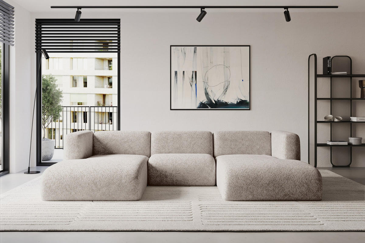 WOHNLANDSCHAFT MIRA-U1 317x179x70 Hellgrau Velours - Hellgrau/Schwarz, Holzwerkstoff/Kunststoff (317/70/179cm) - ALTDECOR