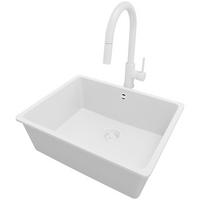 GRANITSPÜLE Venedig Slim Easy, 2-er set Alles Weiß 56/44 cm 1 Becken + Küchenarmatur 40/20 cm + Ablauf-Set ab 60er Unterschrank - Weiß, Kunststoff (56/20/44cm) - Primagran