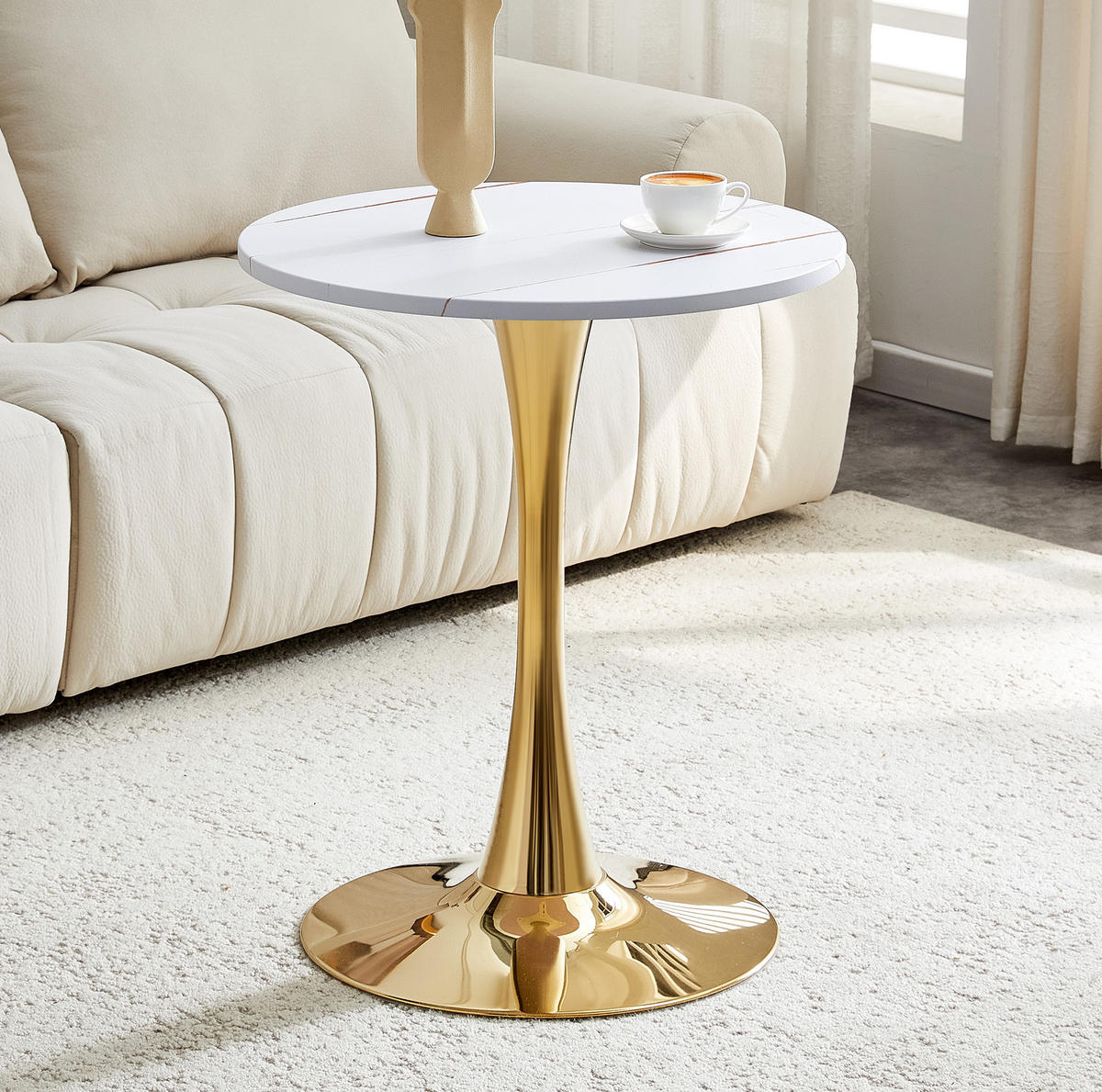 BEISTELLTISCH 60/60/72 cm mit thermoformter MDF-Tischplatte und Metallgestell, runde Form, Weiß/Gold - Weiß, Holzwerkstoff (60/60/72cm) - Redom