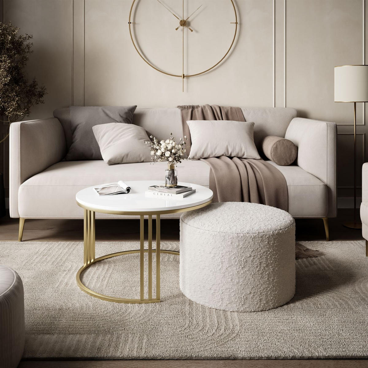 COUCHTISCH mit Hocker LORI Hochglanz gebürstetes Gold/weißer Glanz/Coral 65 - Weiß, Metall (70/70/49cm) - Lookway