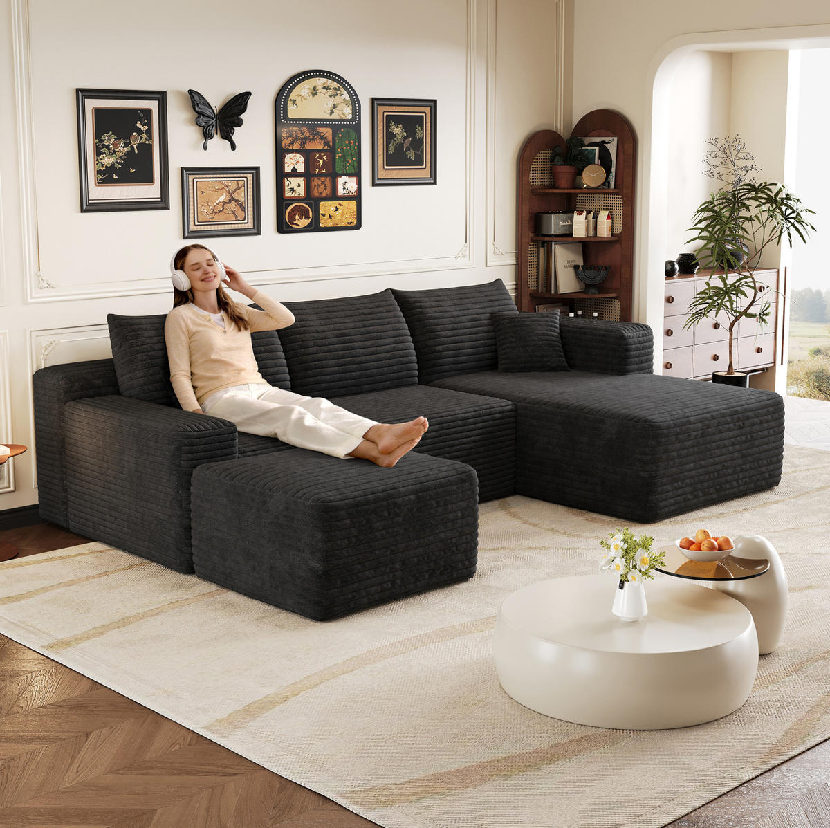 ECKSOFA 241/151/58 cm schwarz aus Stoff ohne Montage - Schwarz, Textil (151/241cm) - OKWISH