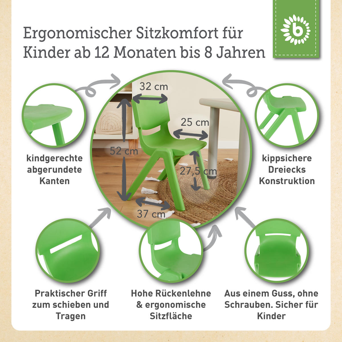 KINDERSTUHL bis 80 kg belastbar - Grün, Kunststoff (34/51.5/36cm) - Bieco Spielwaren