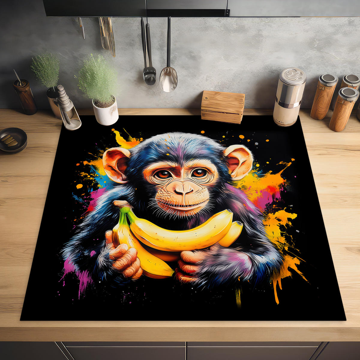 HERABDECKPLATTE - Affe - Graffiti - Farbenfroh - Bananen - Modern - 58x59 - Gelb, Kunststoff (58/59/0.2cm) - MuchoWow
