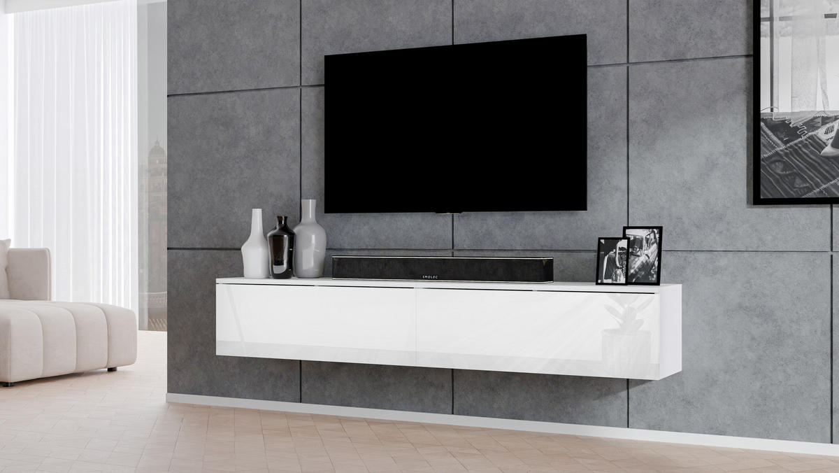 LOWBOARD Loriano 2x100 Weiß Matt, Hochglanz 200/34/32 cm – TV Schrank - Weiß, Holzwerkstoff/Kunststoff (200/34/32cm) - AX Living