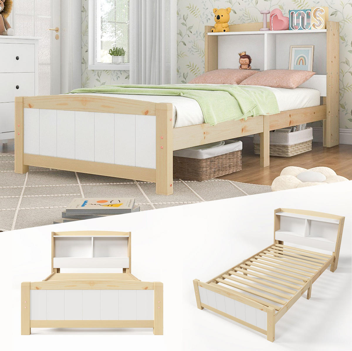 JEDNOLŮŽKOVÁ postel 90/200 cm bílá z masivního dřeva a MDF s úložným čelem - přírodní, dřevo (90/200cm) - OKWISH