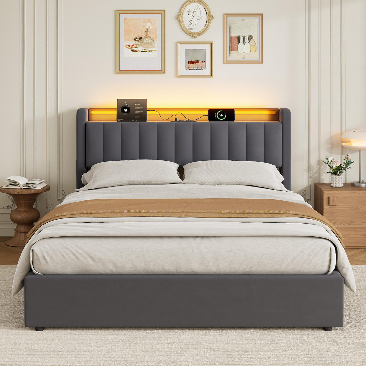 POLSTERBETT 160/200 cm mit LED-Beleuchtung, USB-Anschluss und Stauraum, Grau - Grau, Holzwerkstoff (160/200cm) - Redom