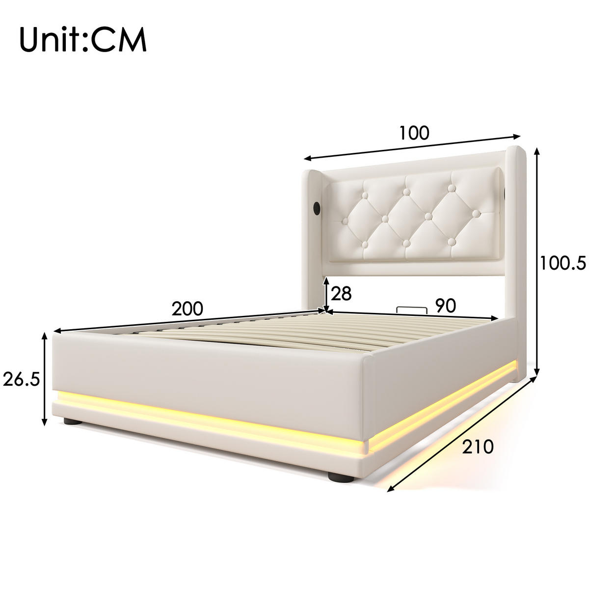 POLSTERBETT 90/200 cm mit Bettkasten, LED und USB-C in Weiß - Weiß, Kunststoff (90/200cm) - BEAOK