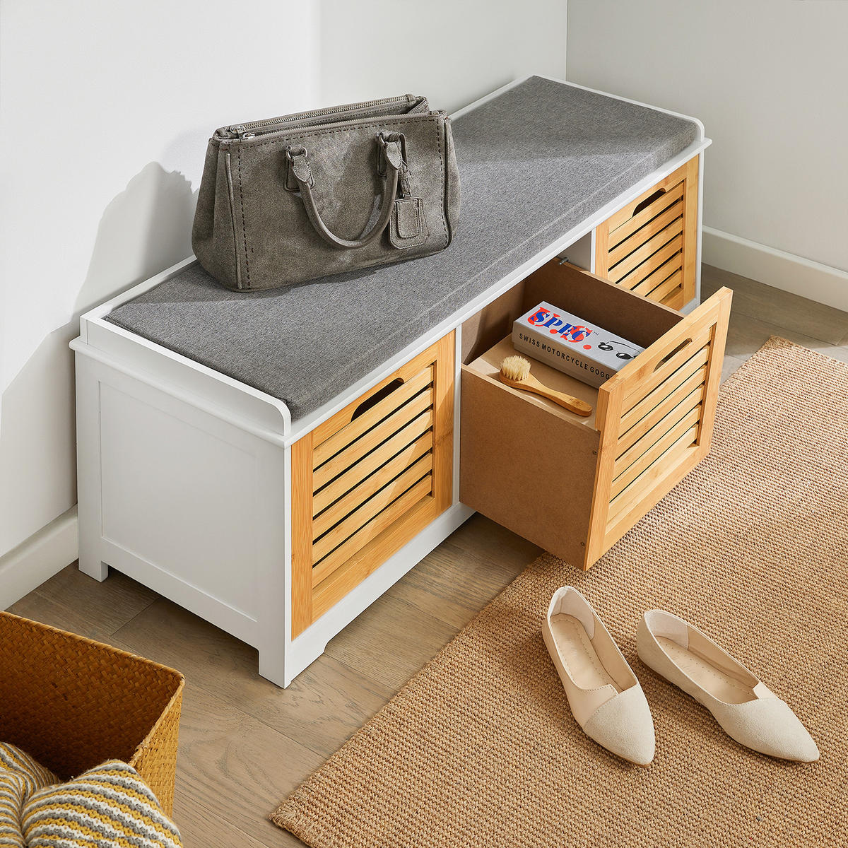 SCHUHBANK Weiß-Natur - Naturfarben, Holzwerkstoff (105/43/35cm) - SoBuy