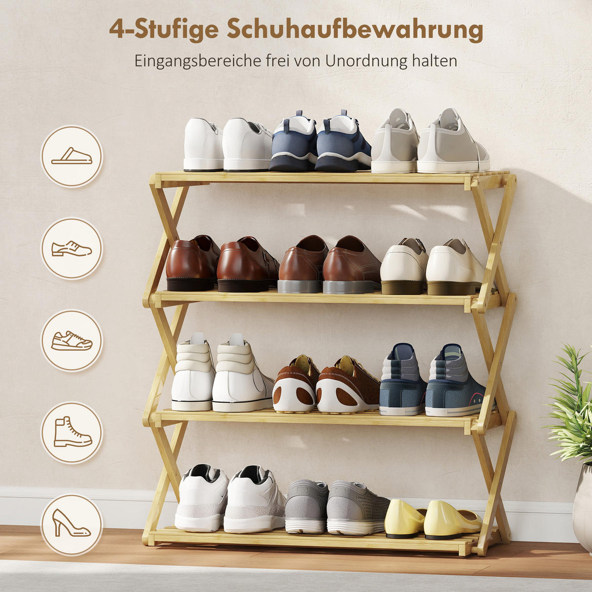 SCHUHREGAL mit 4 Ebenen Schuhablage aus Bambus für 12 Paar Schuhe Natur - Naturfarben, Naturmaterialien/Bambusholz (29/67/60cm) - HOMCOM